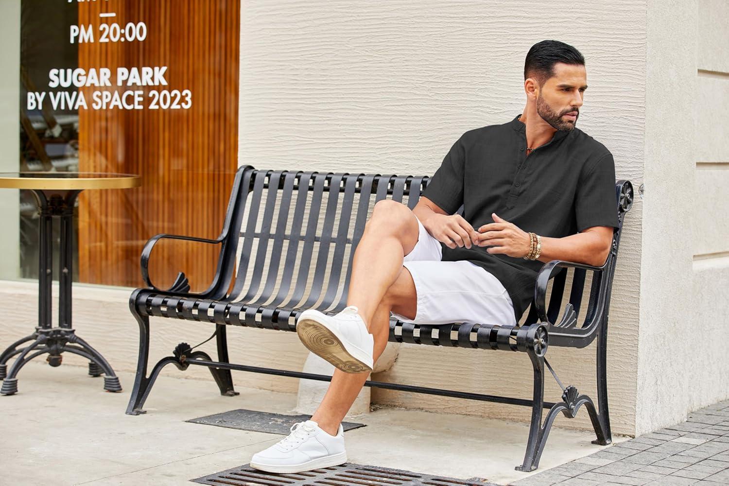 imageCOOFANDY Mens Casual Henley Shirt Short Sleeve Summer Shirts Linen Band Collar Summer Beach Hippie TShirtsDark Grey