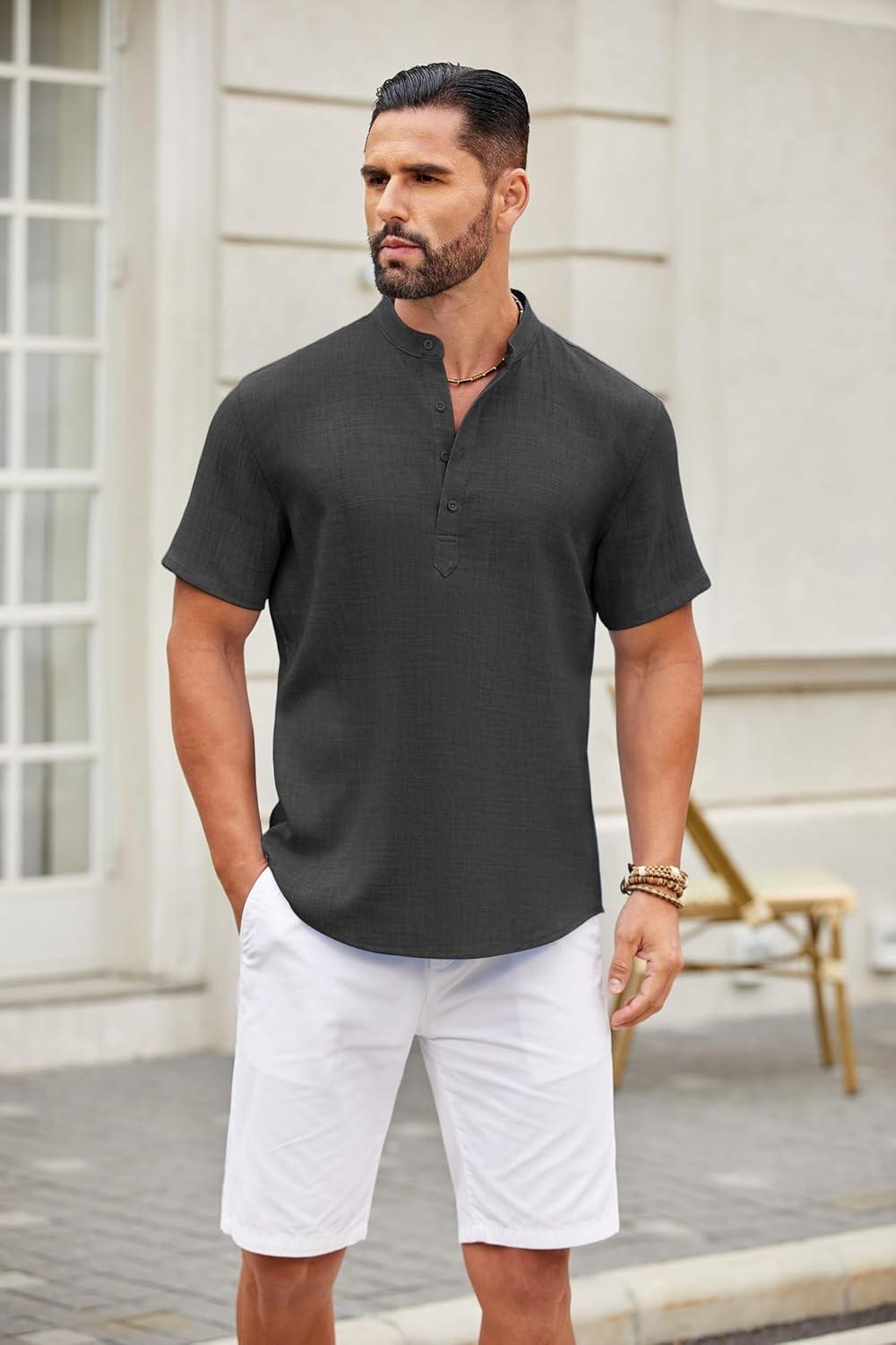 imageCOOFANDY Mens Casual Henley Shirt Short Sleeve Summer Shirts Linen Band Collar Summer Beach Hippie TShirtsDark Grey