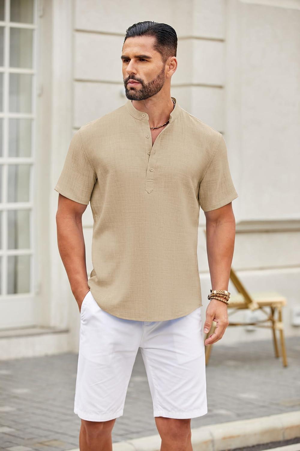 imageCOOFANDY Mens Casual Henley Shirt Short Sleeve Summer Shirts Linen Band Collar Summer Beach Hippie TShirtsKhaki