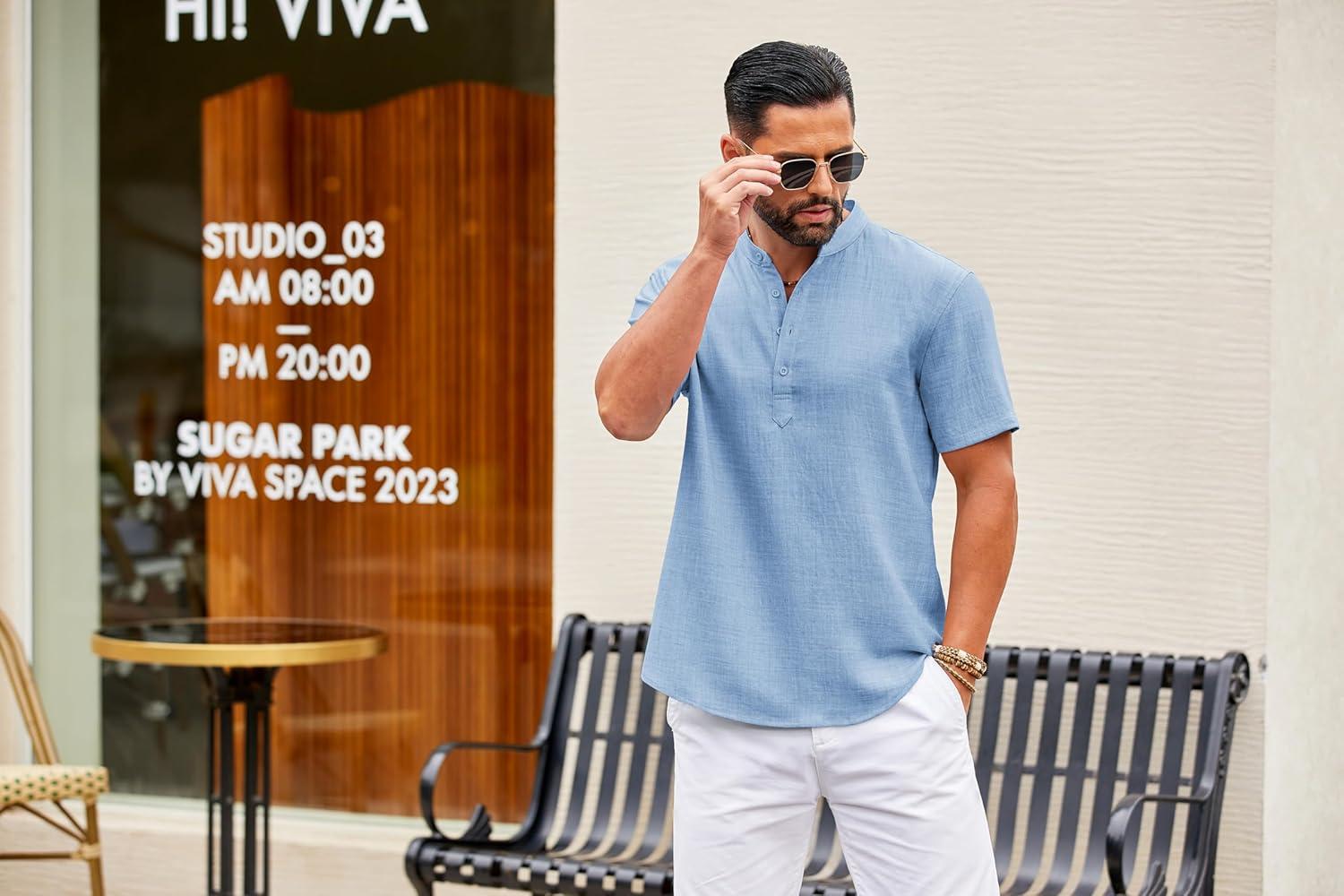 imageCOOFANDY Mens Casual Henley Shirt Short Sleeve Summer Shirts Linen Band Collar Summer Beach Hippie TShirtsLight Blue