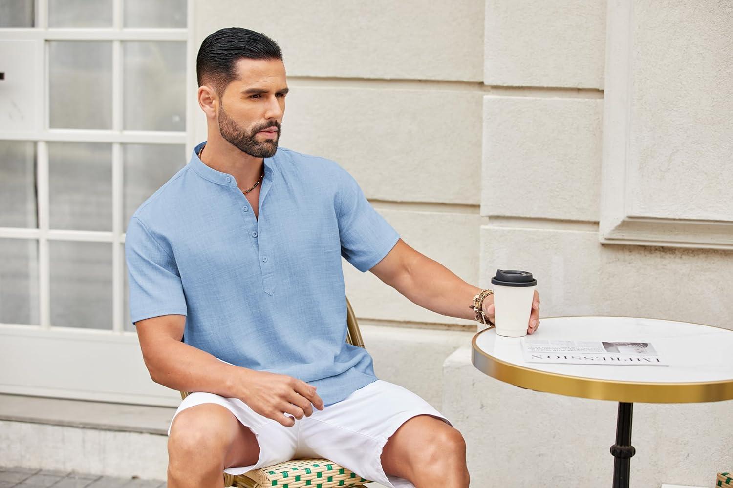 imageCOOFANDY Mens Casual Henley Shirt Short Sleeve Summer Shirts Linen Band Collar Summer Beach Hippie TShirtsLight Blue