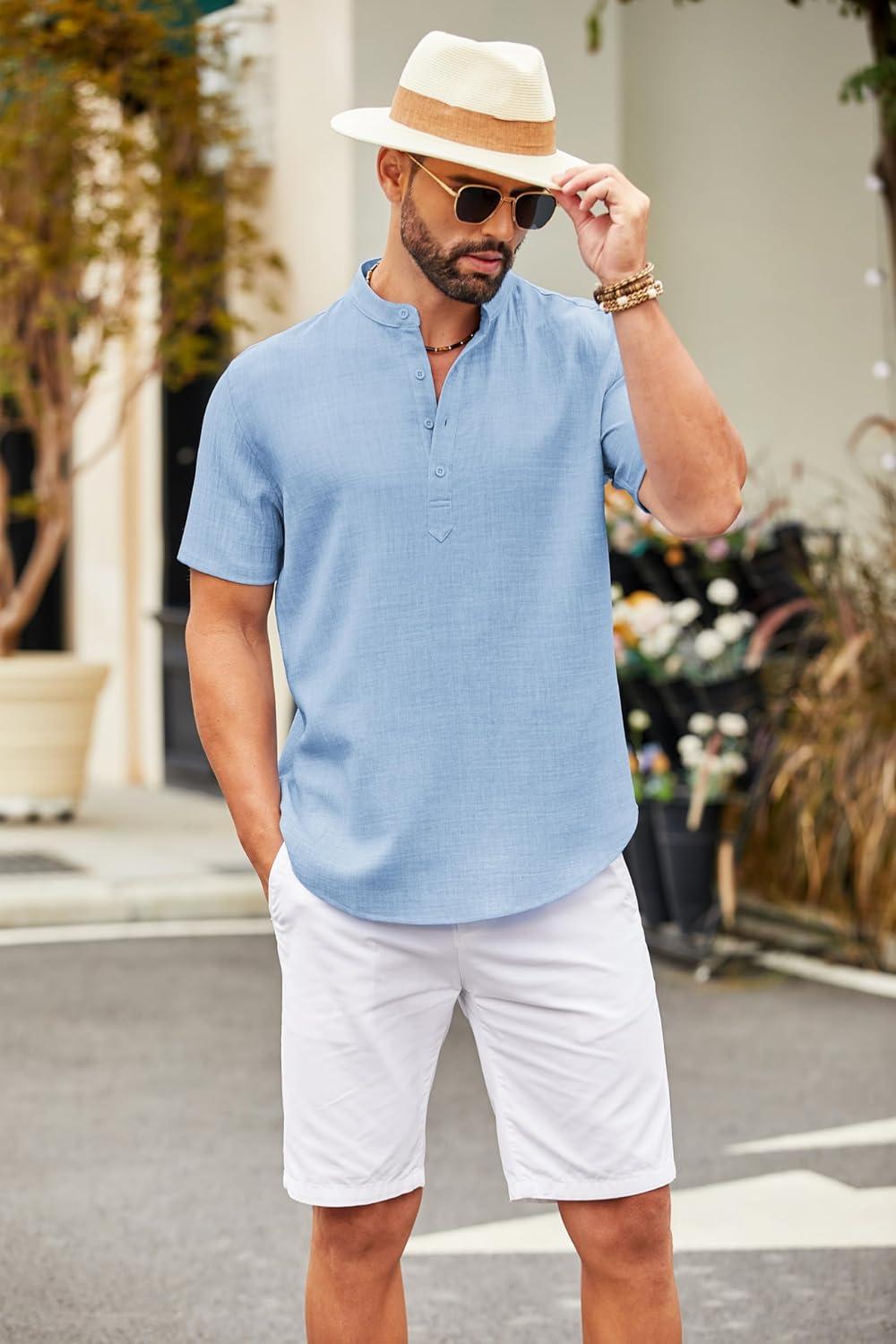imageCOOFANDY Mens Casual Henley Shirt Short Sleeve Summer Shirts Linen Band Collar Summer Beach Hippie TShirtsLight Blue