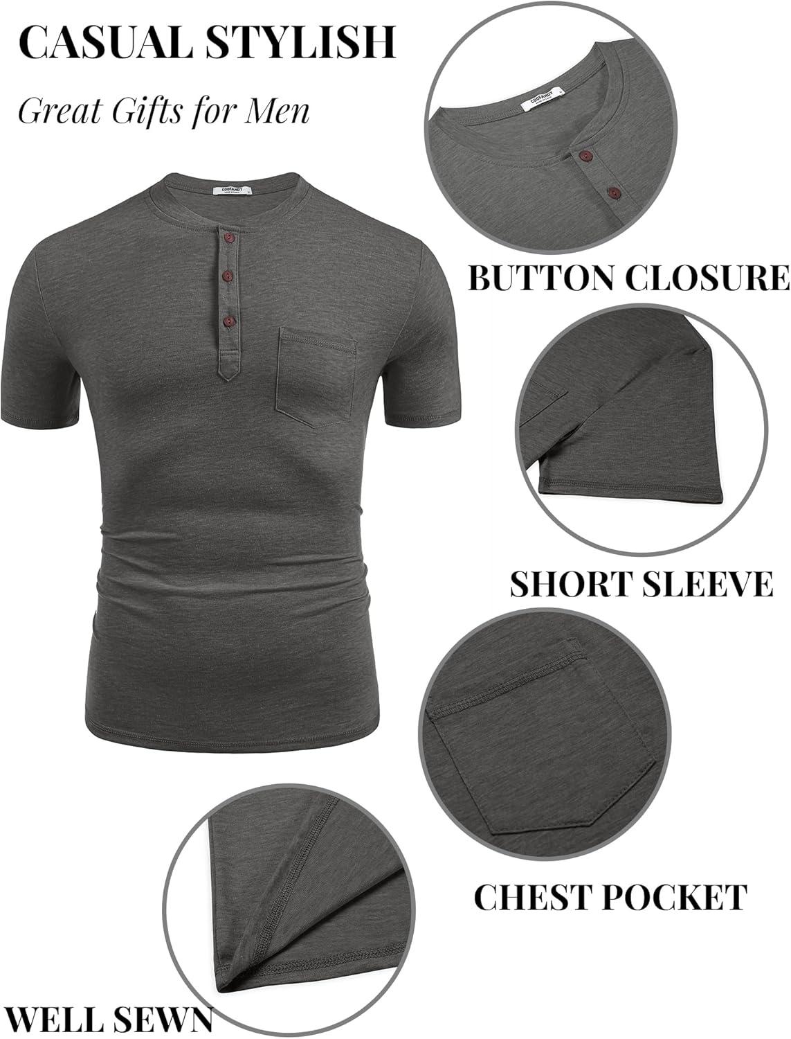 imageCOOFANDY Mens Casual Henley Shirts Short Sleeve Pocket TShirts Lightweight Button Henley Pullover Basic TeesDark Grey