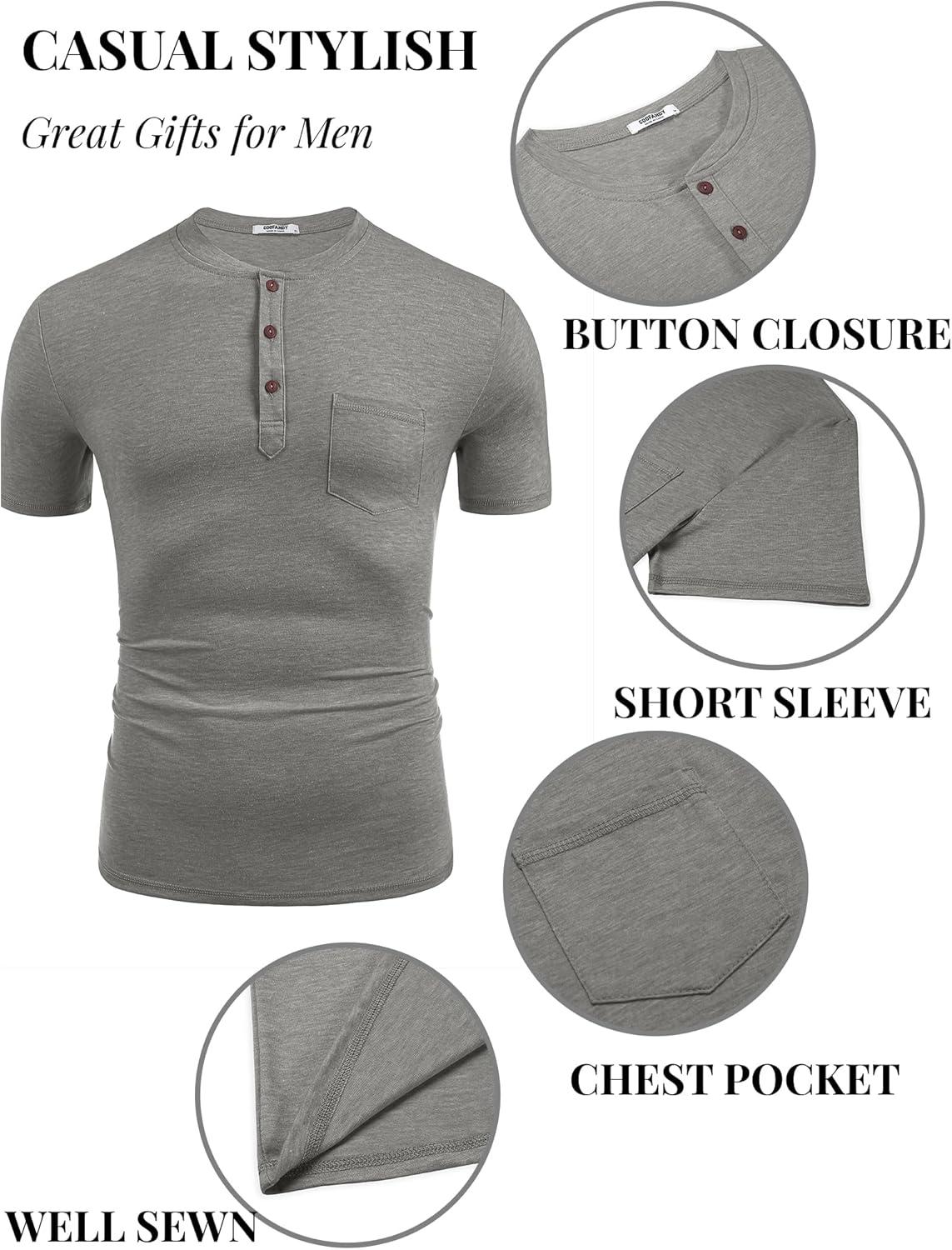 imageCOOFANDY Mens Casual Henley Shirts Short Sleeve Pocket TShirts Lightweight Button Henley Pullover Basic TeesLight Grey