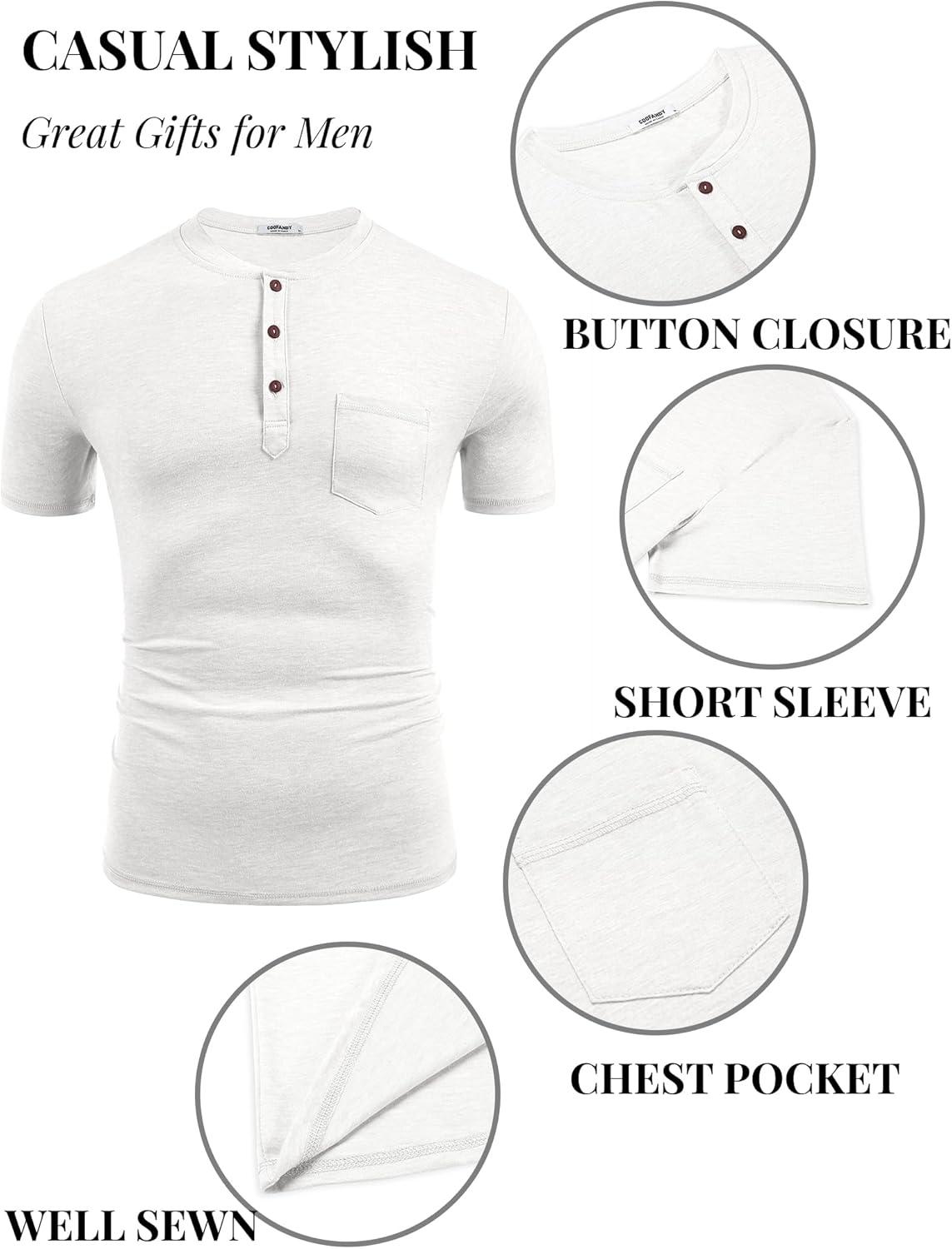 imageCOOFANDY Mens Casual Henley Shirts Short Sleeve Pocket TShirts Lightweight Button Henley Pullover Basic TeesWhite