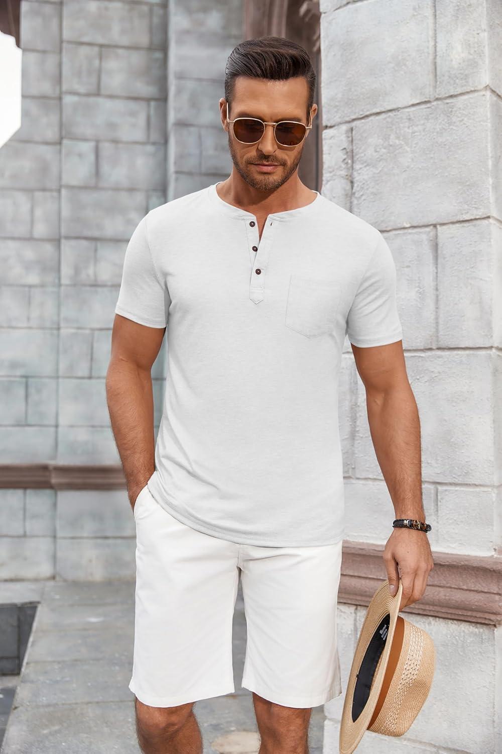 imageCOOFANDY Mens Casual Henley Shirts Short Sleeve Pocket TShirts Lightweight Button Henley Pullover Basic TeesWhite