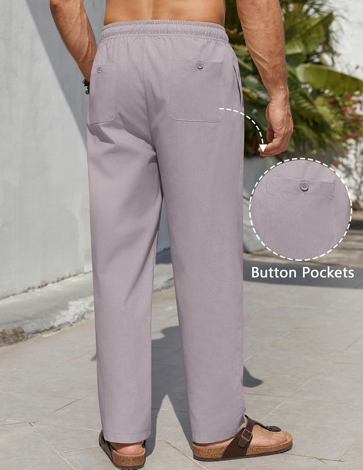 imageCOOFANDY Mens Casual Linen Pants Elastic Waist Drawstring Beach Summer Pants Lightweight Linen TrousersLight Gray