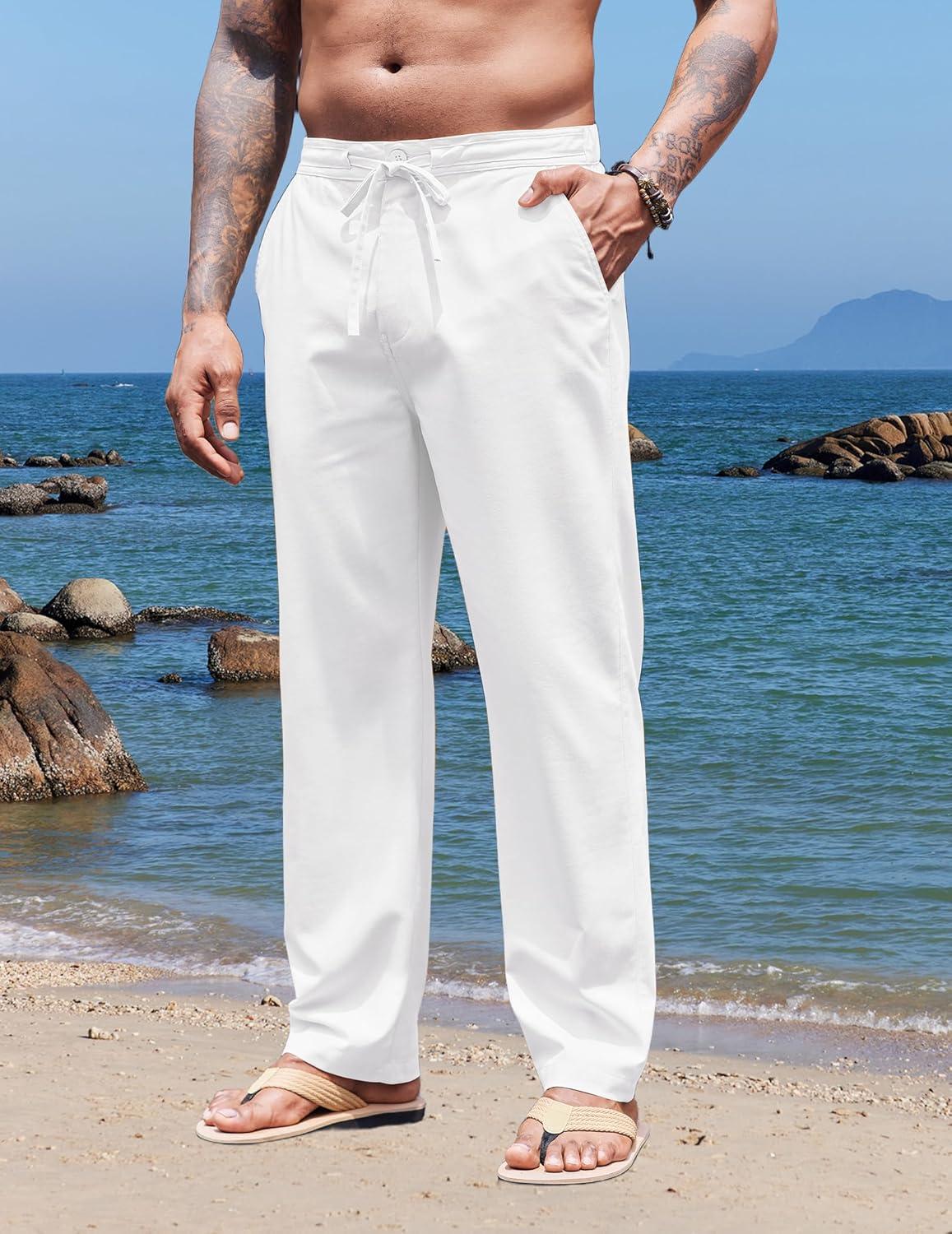 imageCOOFANDY Mens Casual Linen Pants Elastic Waist Drawstring Yoga Beach Pants Lightweight Loose Fit Trousers with PocketsWhite