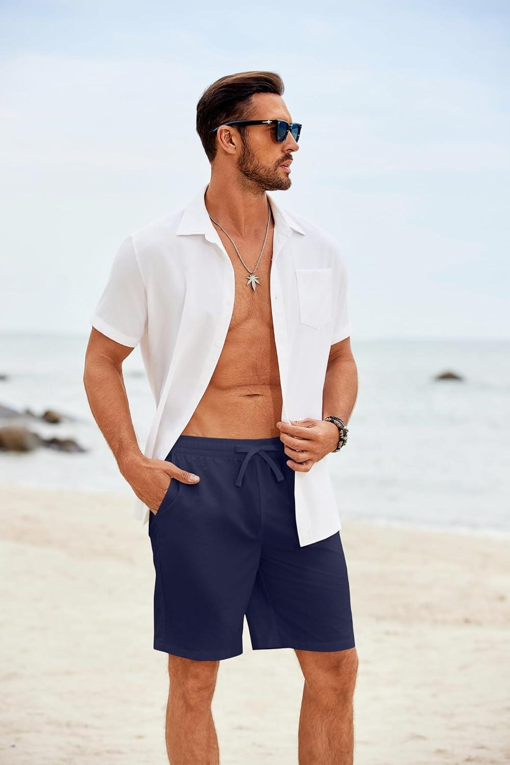 imageCOOFANDY Mens Casual Shorts Elastic Waist Drawstring Lightweight Summer Beach ShortsNavy Blue