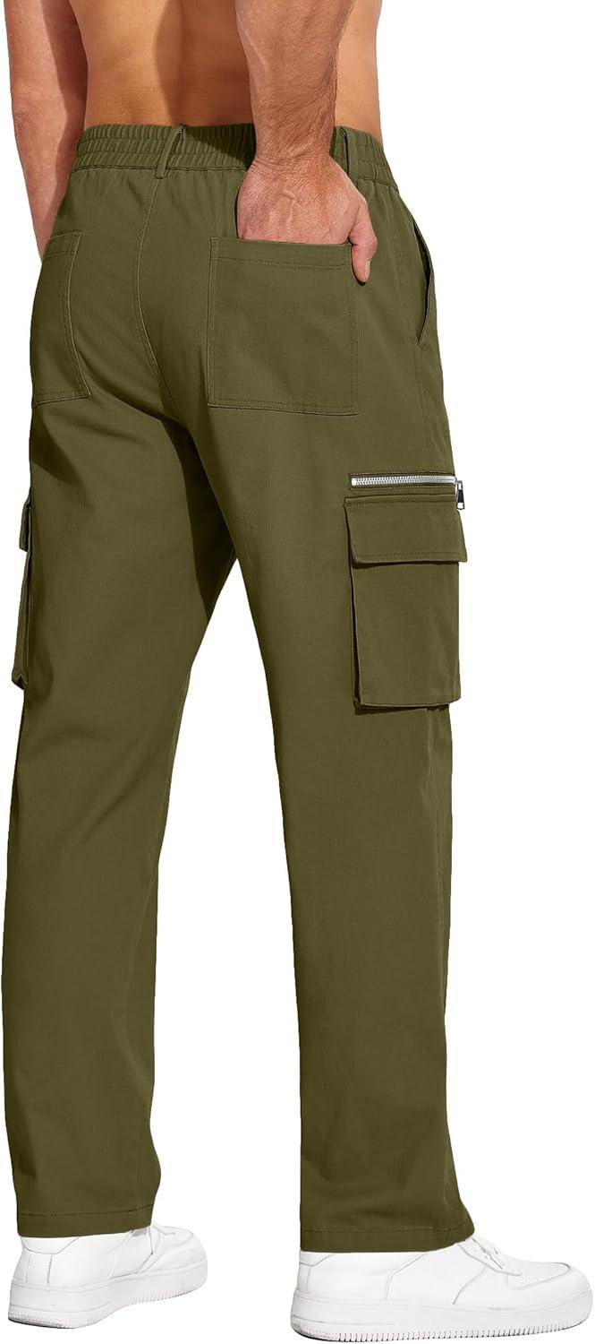 imageCOOFANDY Mens Cotton Cargo Pants Relaxed Fit Elastic Waist Casual Pants Stretch Work Cargo Pant with PocketsArmy Green