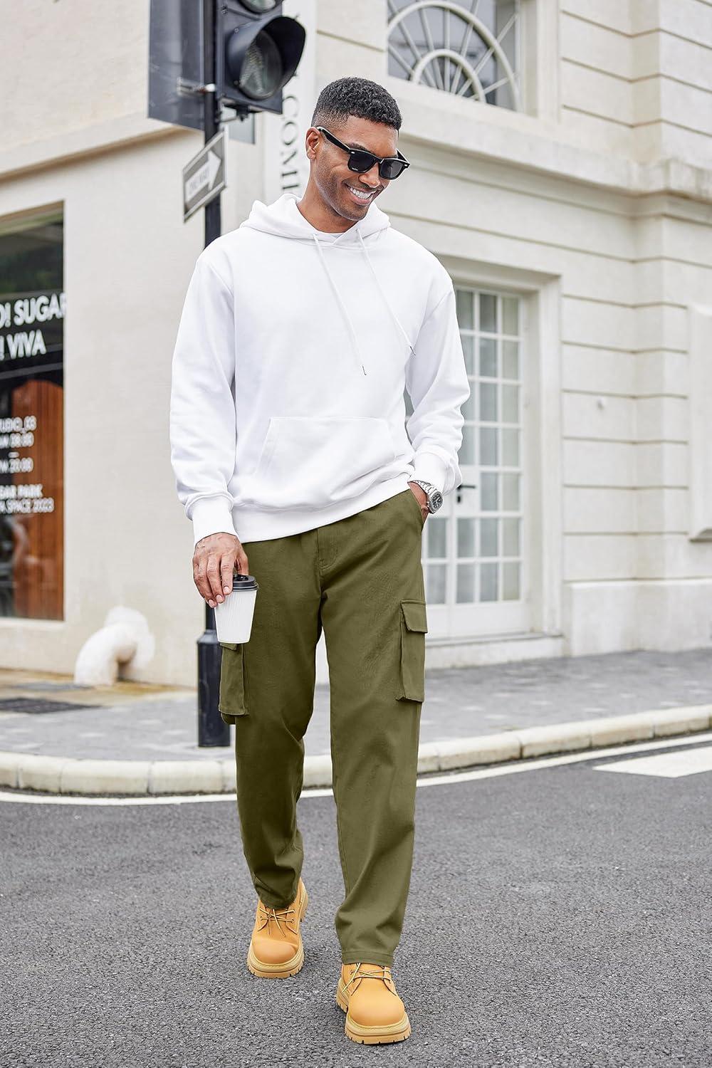 imageCOOFANDY Mens Cotton Cargo Pants Relaxed Fit Elastic Waist Casual Pants Stretch Work Cargo Pant with PocketsArmy Green