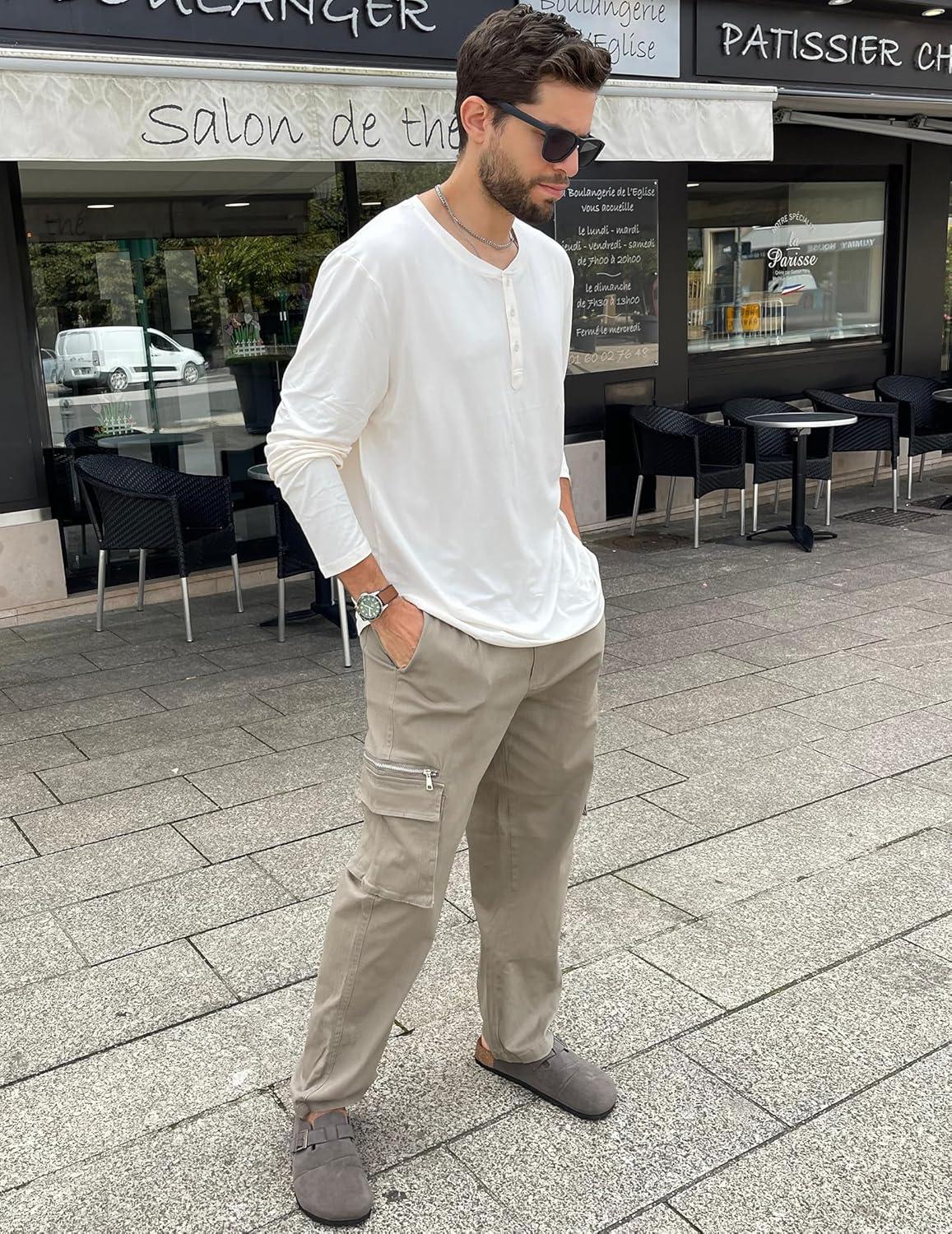 imageCOOFANDY Mens Cotton Cargo Pants Relaxed Fit Elastic Waist Casual Pants Stretch Work Cargo Pant with PocketsDark Khaki