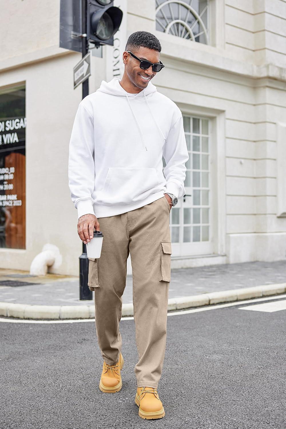 imageCOOFANDY Mens Cotton Cargo Pants Relaxed Fit Elastic Waist Casual Pants Stretch Work Cargo Pant with PocketsDark Khaki