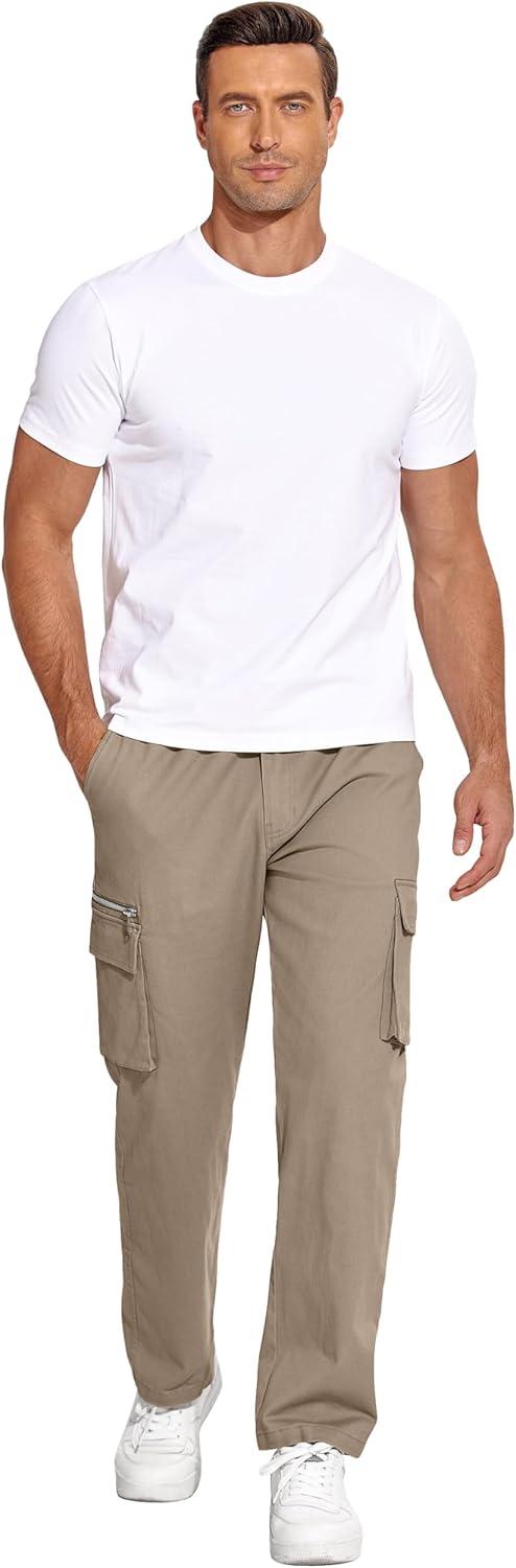 imageCOOFANDY Mens Cotton Cargo Pants Relaxed Fit Elastic Waist Casual Pants Stretch Work Cargo Pant with PocketsDark Khaki