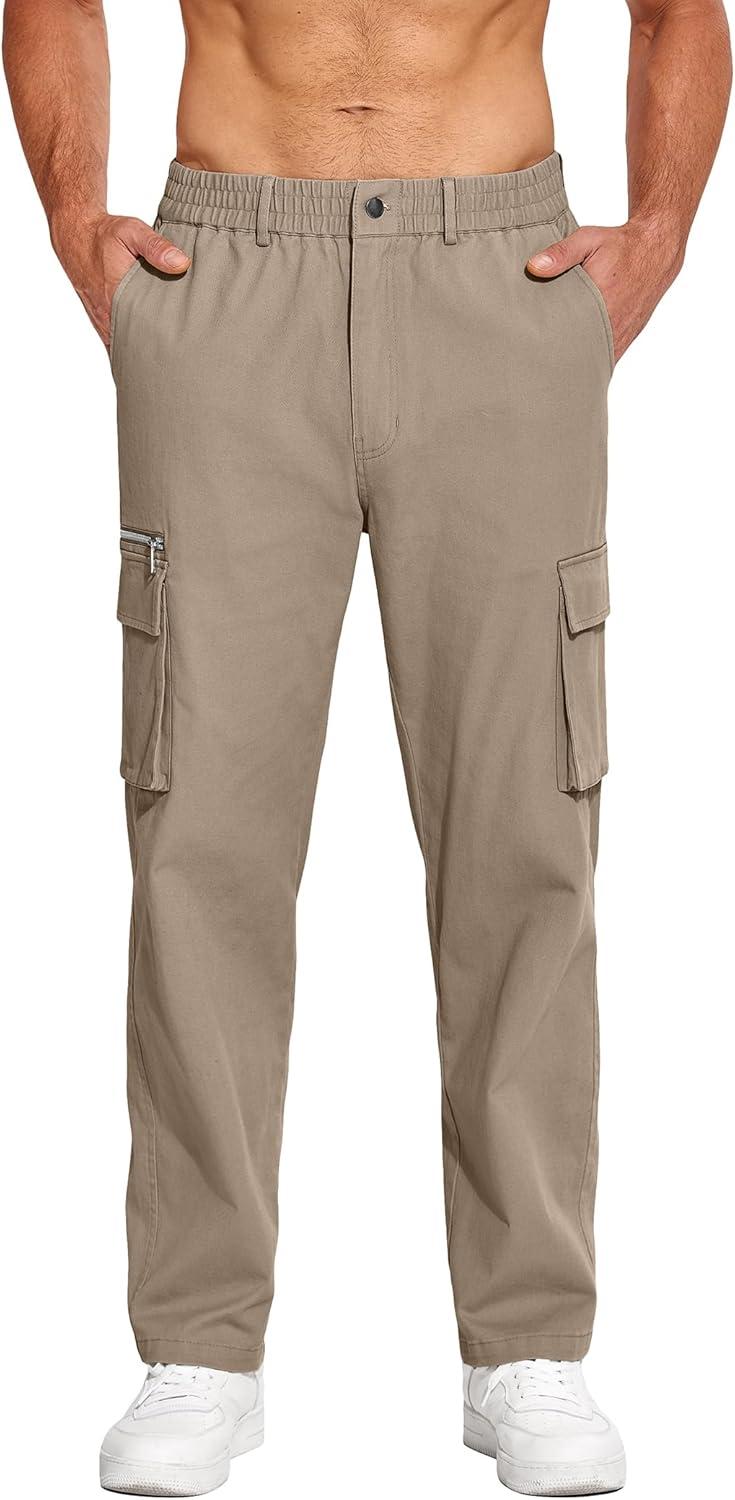 imageCOOFANDY Mens Cotton Cargo Pants Relaxed Fit Elastic Waist Casual Pants Stretch Work Cargo Pant with PocketsDark Khaki