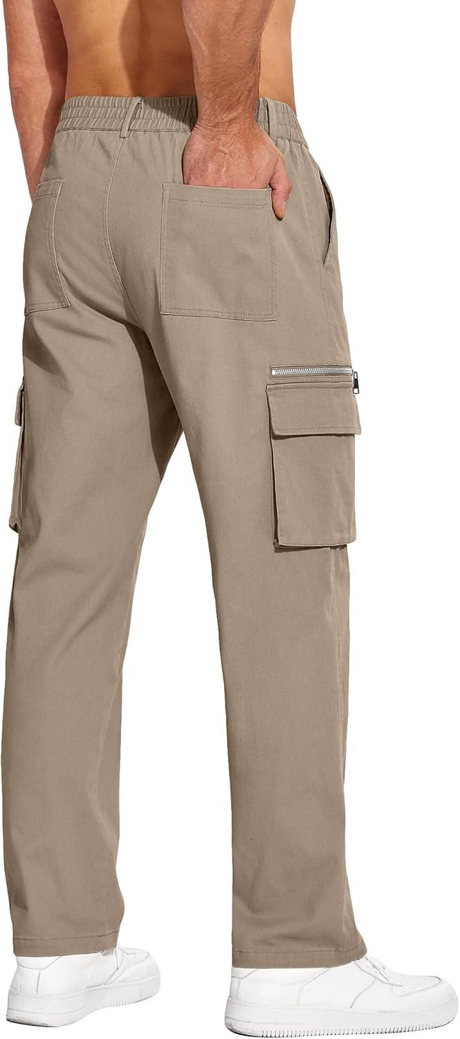 imageCOOFANDY Mens Cotton Cargo Pants Relaxed Fit Elastic Waist Casual Pants Stretch Work Cargo Pant with PocketsDark Khaki
