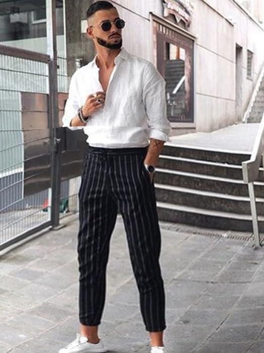 imageCOOFANDY Mens Cotton Linen Pants Elastic Waist Lightweight Casual Pants Relaxed Fit Yoga Beach Pants with PocketsBlack White Stripe