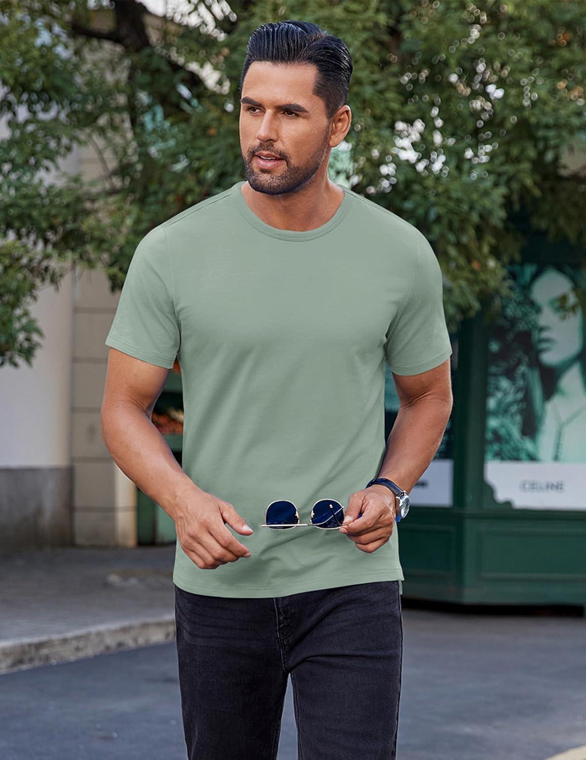imageCOOFANDY Mens Cotton TShirt Short Sleeve Crew Neck Tee Shirts Casual Solid Basic TopsLight Green