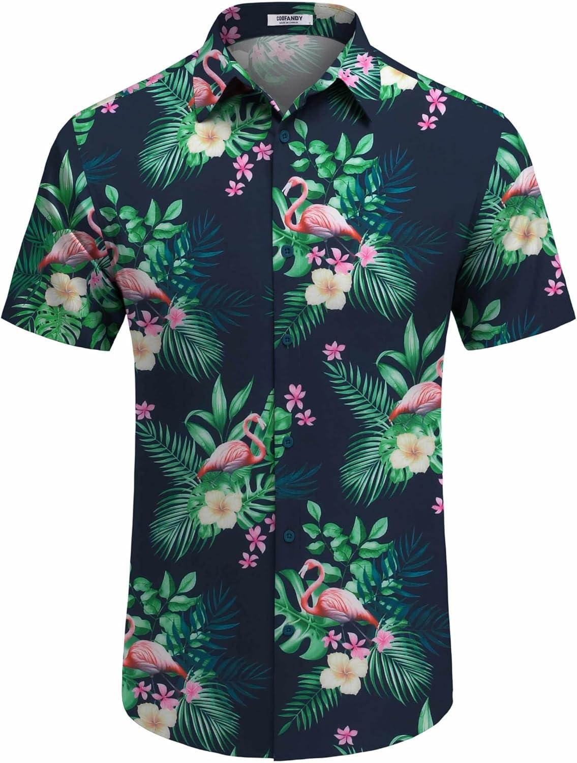 imageCOOFANDY Mens Hawaiian Shirt Short Sleeve Button Down Shirts Tropical Floral Summer Beach ShirtsNavy Flamingo