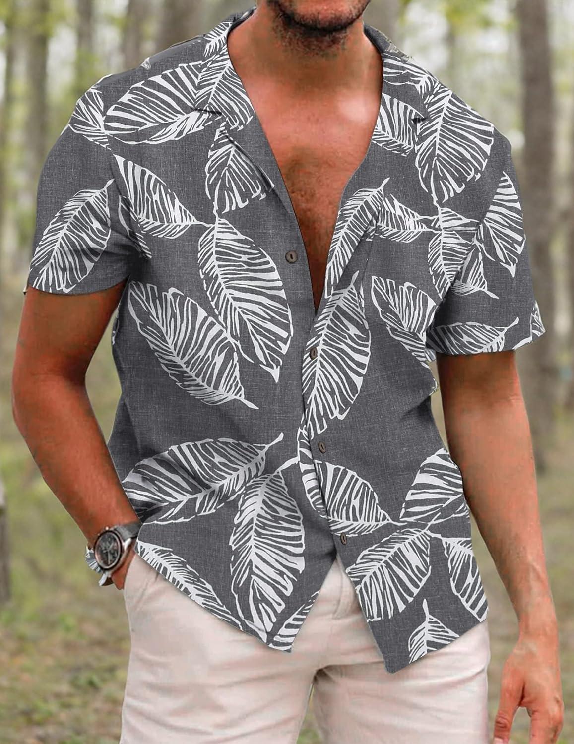 imageCOOFANDY Mens Hawaiian Shirt Short Sleeve Buttoon Down Shirts Casual Tropical Floral Summer Linen ShirtsPalm Leafgrey