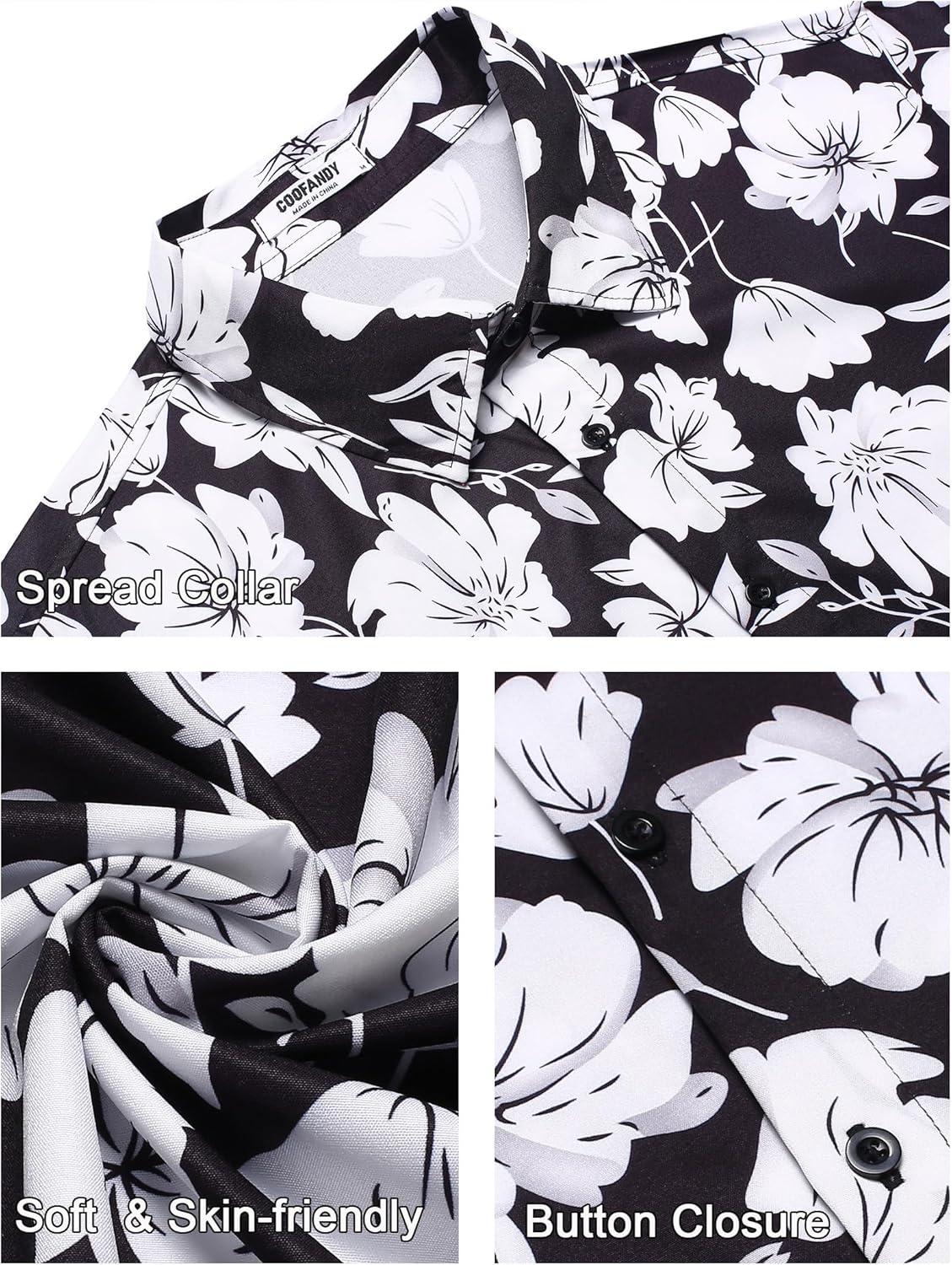 imageCOOFANDY Mens Hawaiian Shirts Short Sleeve Button Down Shirt Casual Summer Beach Shirts Floral Tropical Vacation Resort WearBlack White