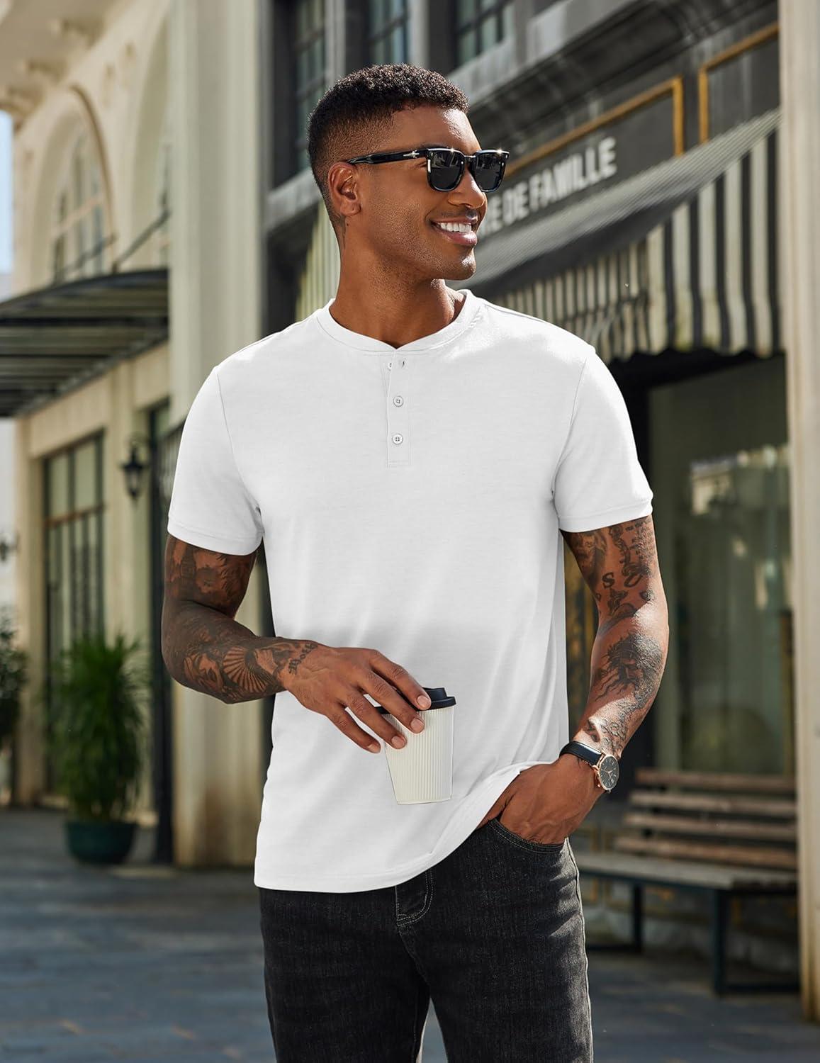 imageCOOFANDY Mens Henley Shirts Cotton Short Sleeve Casual TShirt Button Henley Basic Tee Lightweight Summer TopAll White