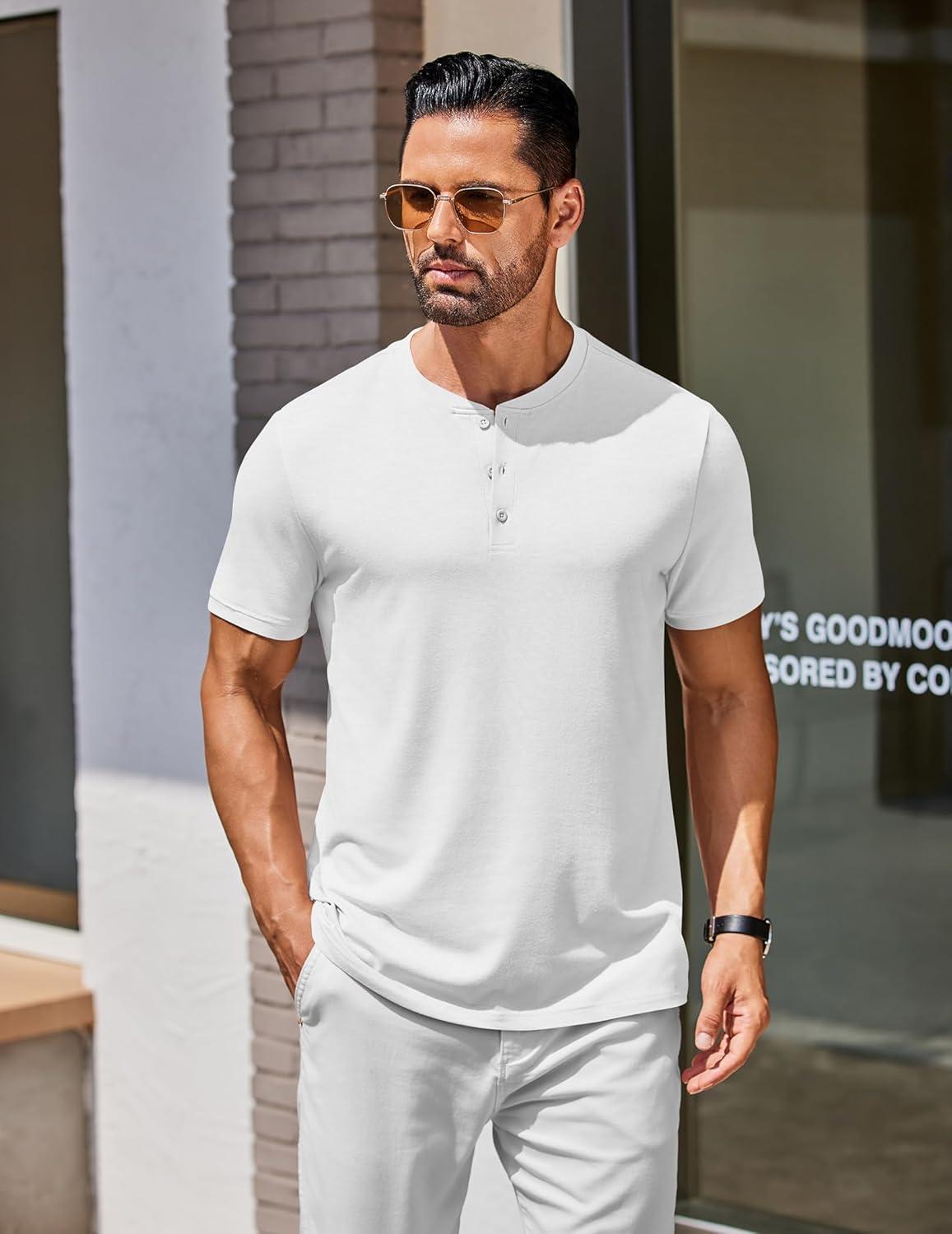 imageCOOFANDY Mens Henley Shirts Cotton Short Sleeve Casual TShirt Button Henley Basic Tee Lightweight Summer TopAll White