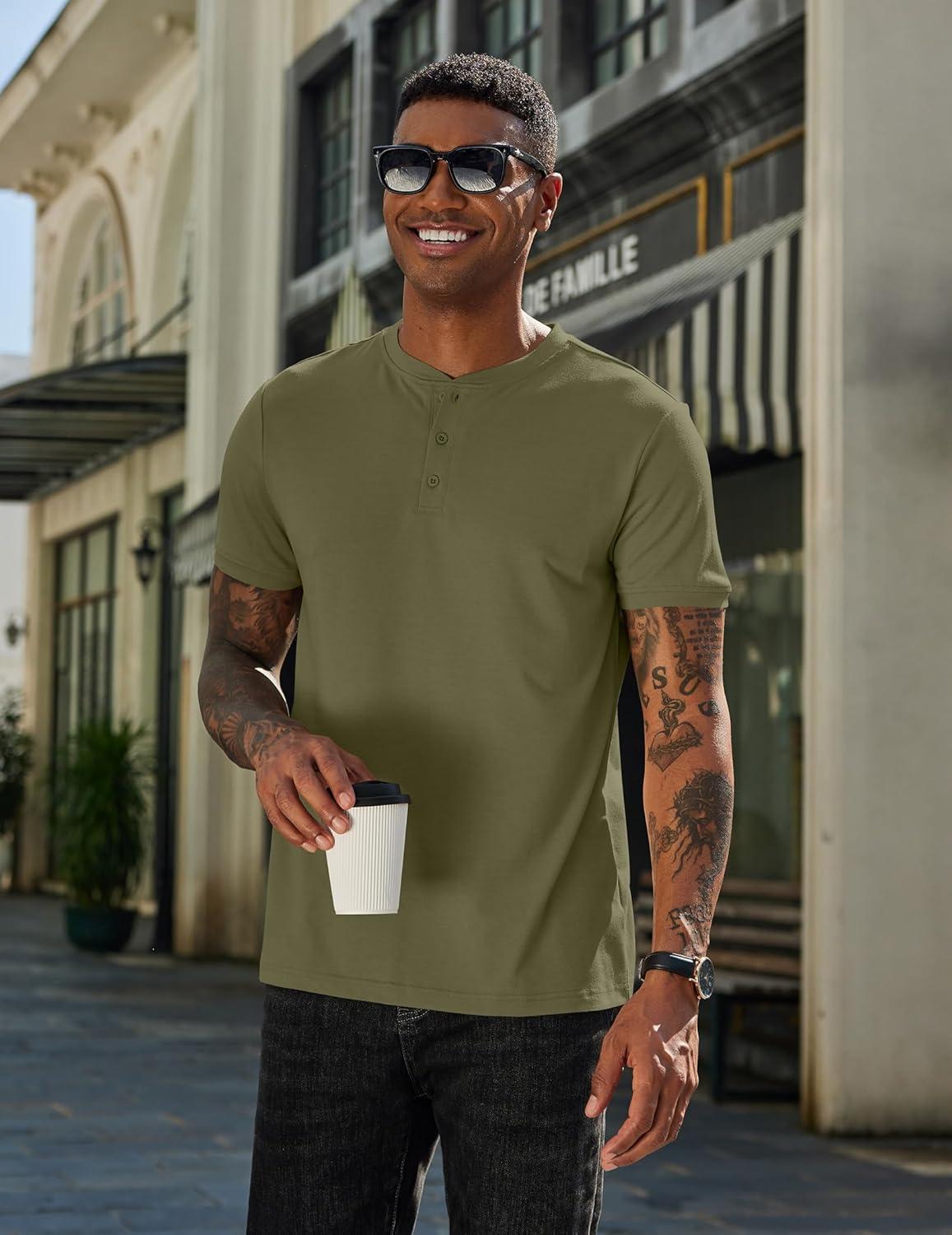 imageCOOFANDY Mens Henley Shirts Cotton Short Sleeve Casual TShirt Button Henley Basic Tee Lightweight Summer TopArmy Green