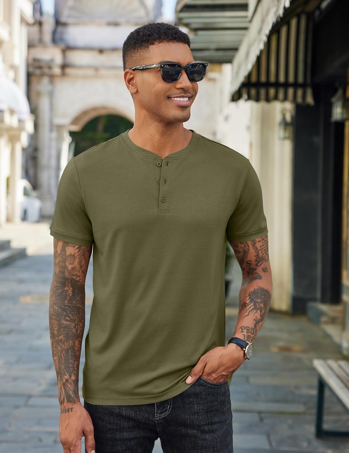 imageCOOFANDY Mens Henley Shirts Cotton Short Sleeve Casual TShirt Button Henley Basic Tee Lightweight Summer TopArmy Green