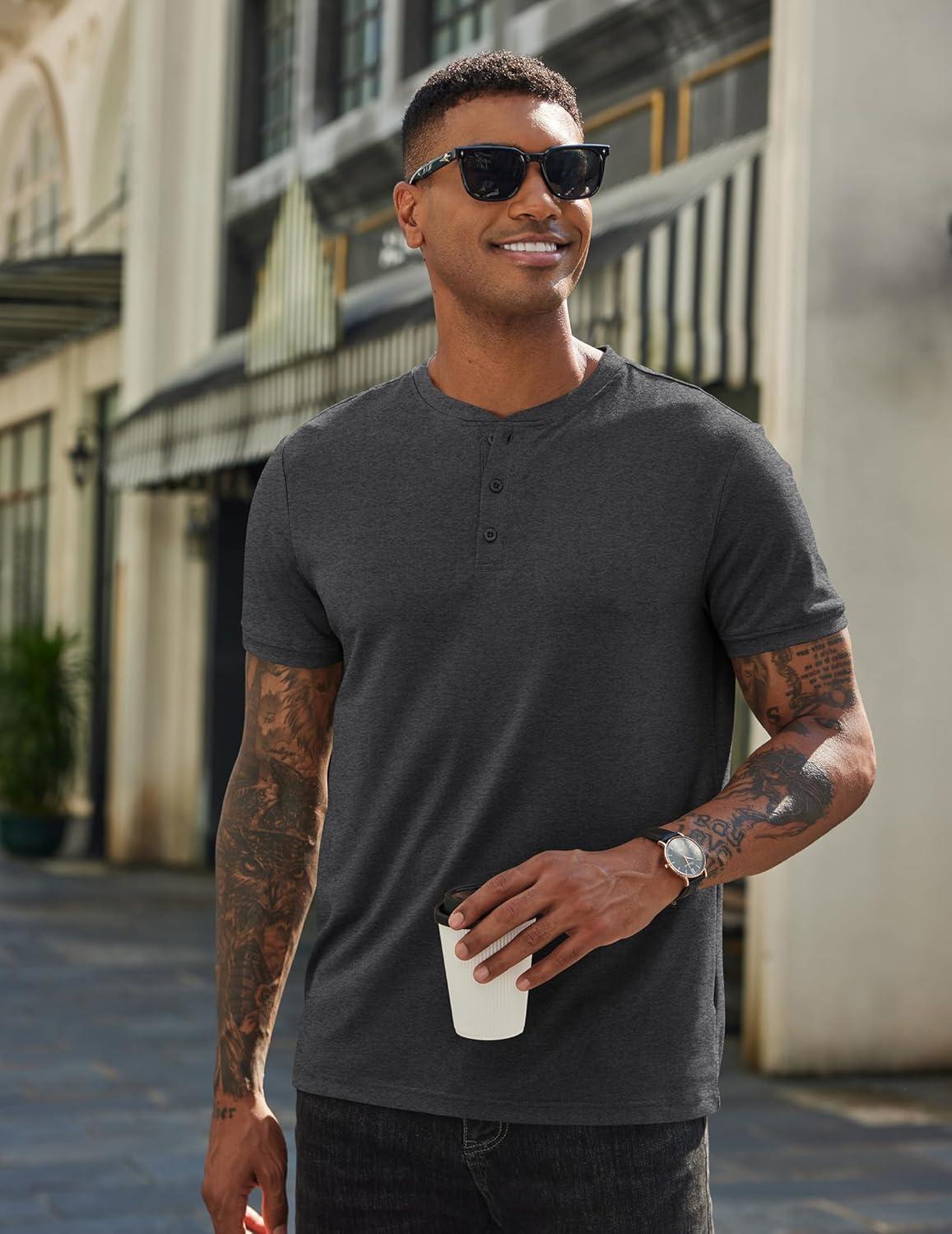 imageCOOFANDY Mens Henley Shirts Cotton Short Sleeve Casual TShirt Button Henley Basic Tee Lightweight Summer TopDark Grey