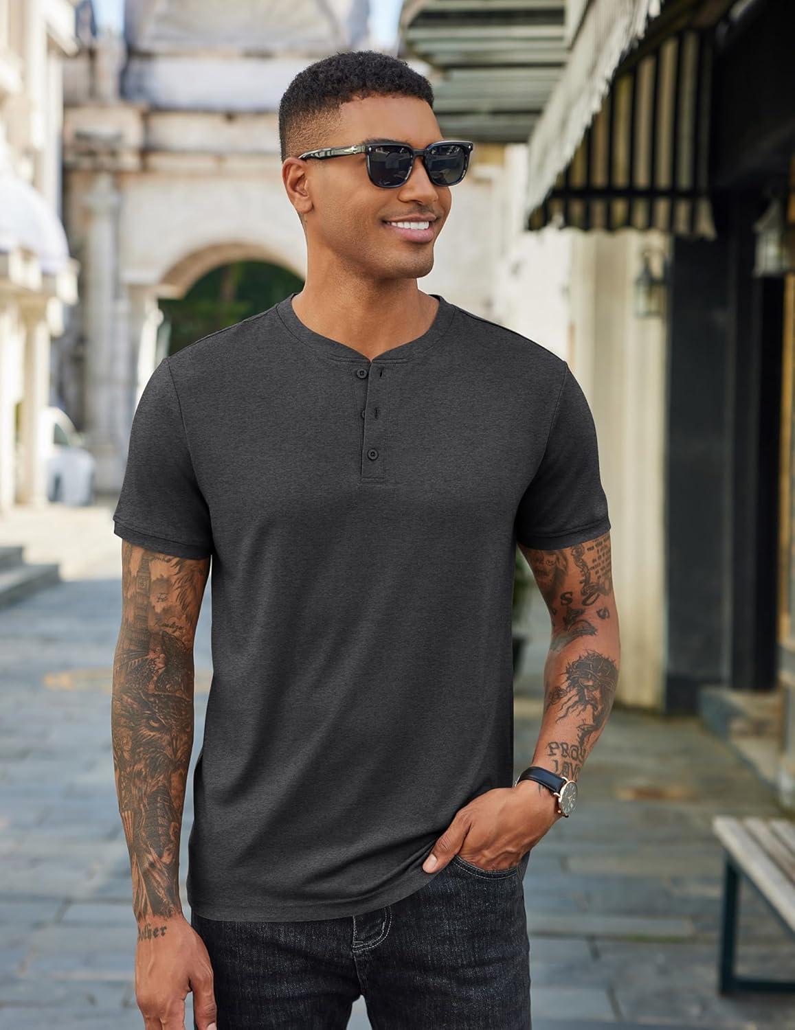 imageCOOFANDY Mens Henley Shirts Cotton Short Sleeve Casual TShirt Button Henley Basic Tee Lightweight Summer TopDark Grey