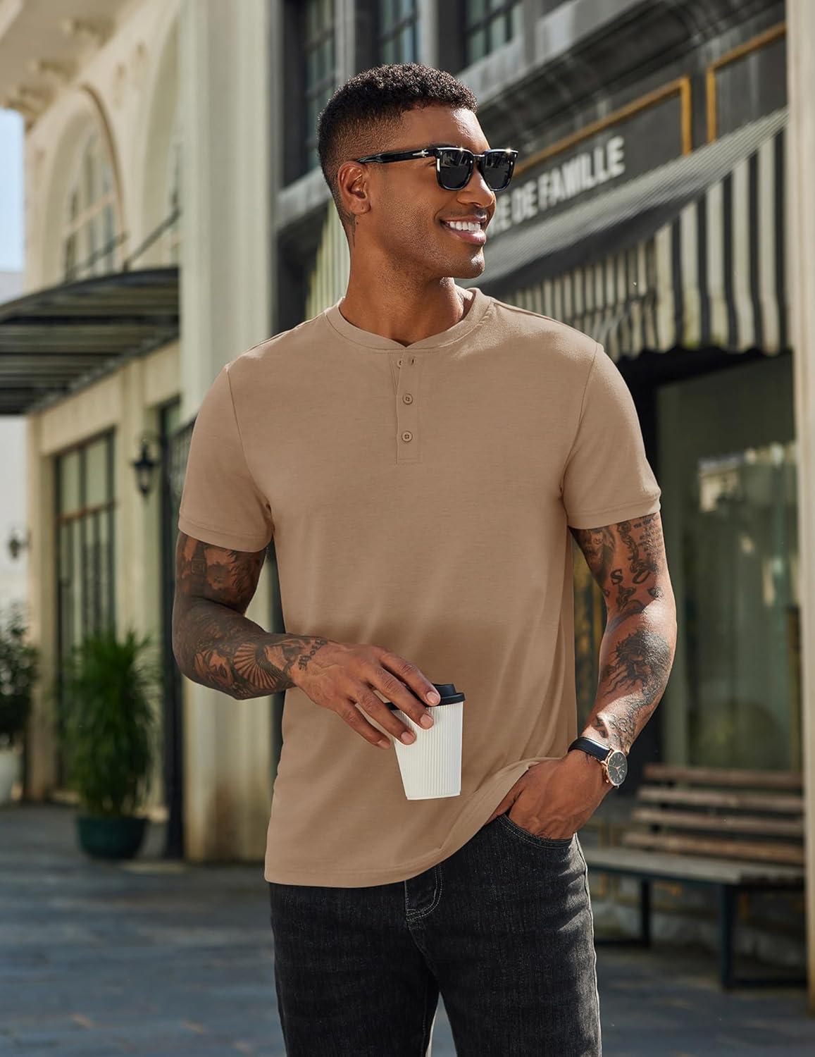 imageCOOFANDY Mens Henley Shirts Cotton Short Sleeve Casual TShirt Button Henley Basic Tee Lightweight Summer TopKhaki
