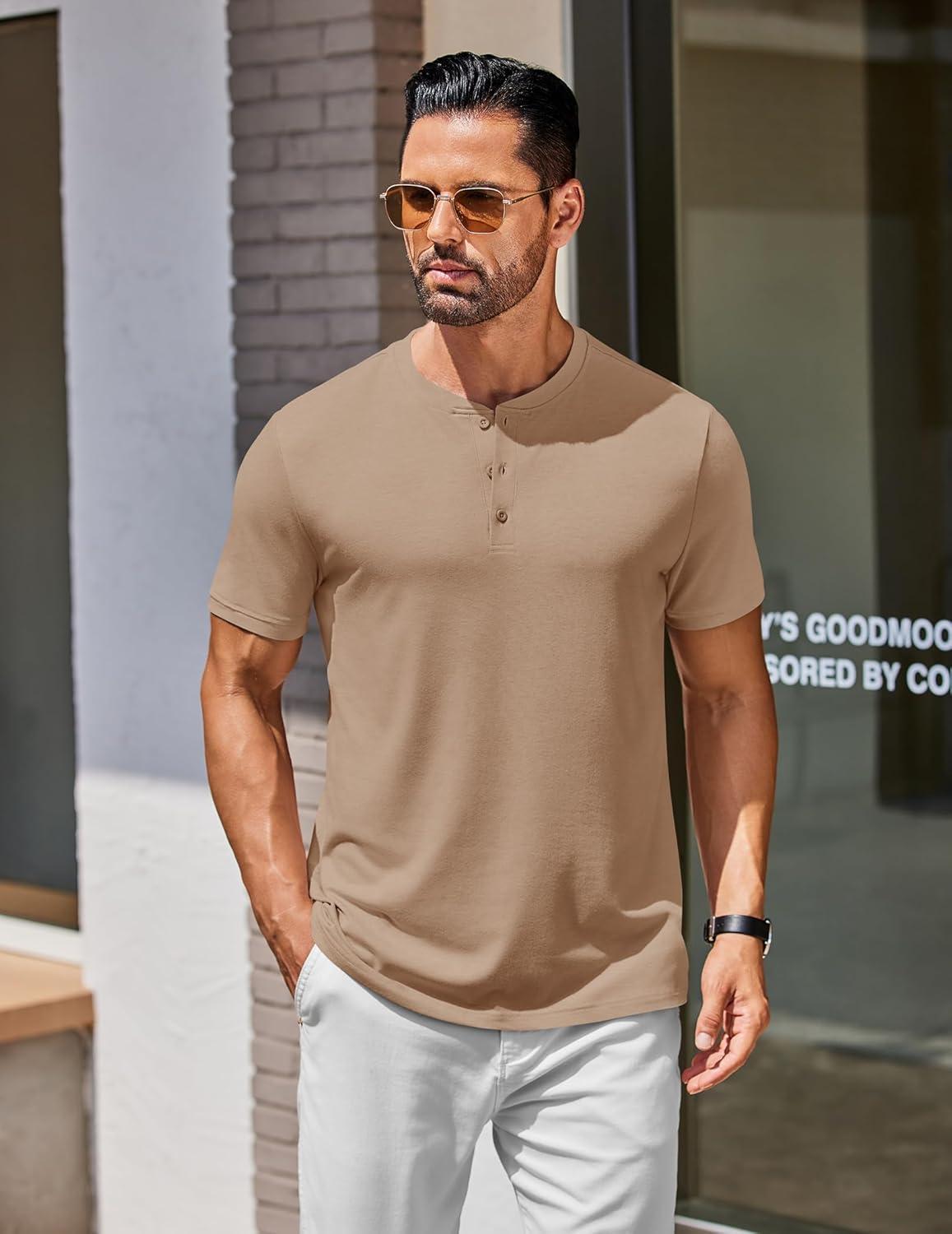 imageCOOFANDY Mens Henley Shirts Cotton Short Sleeve Casual TShirt Button Henley Basic Tee Lightweight Summer TopKhaki