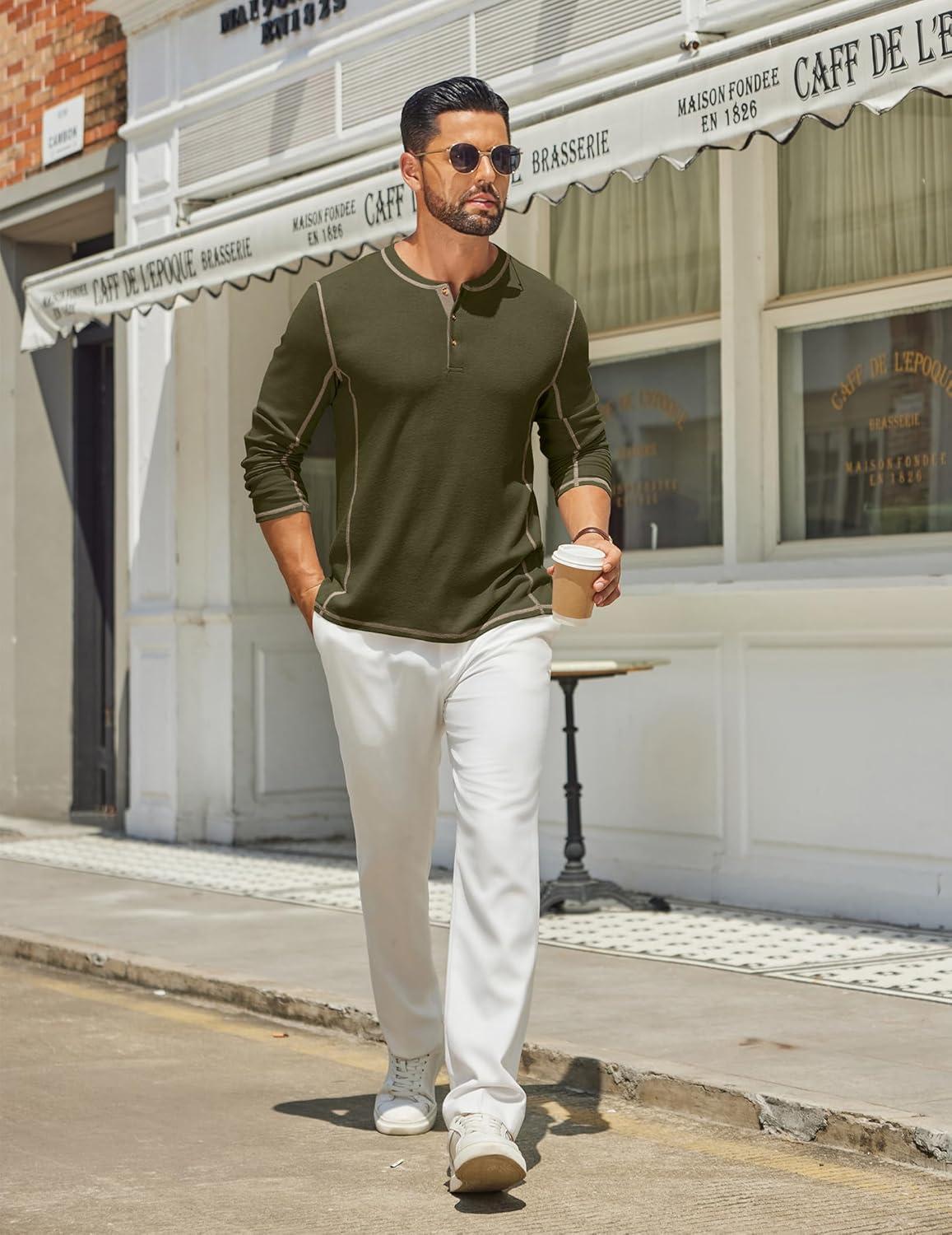 imageCOOFANDY Mens Henley Shirts Long Sleeve Casual Maverick Slub Henley TShirts Lightweight Basic Tee02army Green