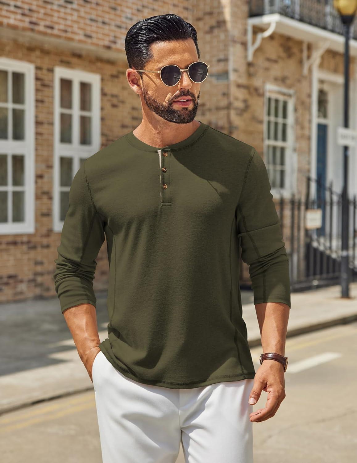 imageCOOFANDY Mens Henley Shirts Long Sleeve Casual Maverick Slub Henley TShirts Lightweight Basic TeeArmy Green