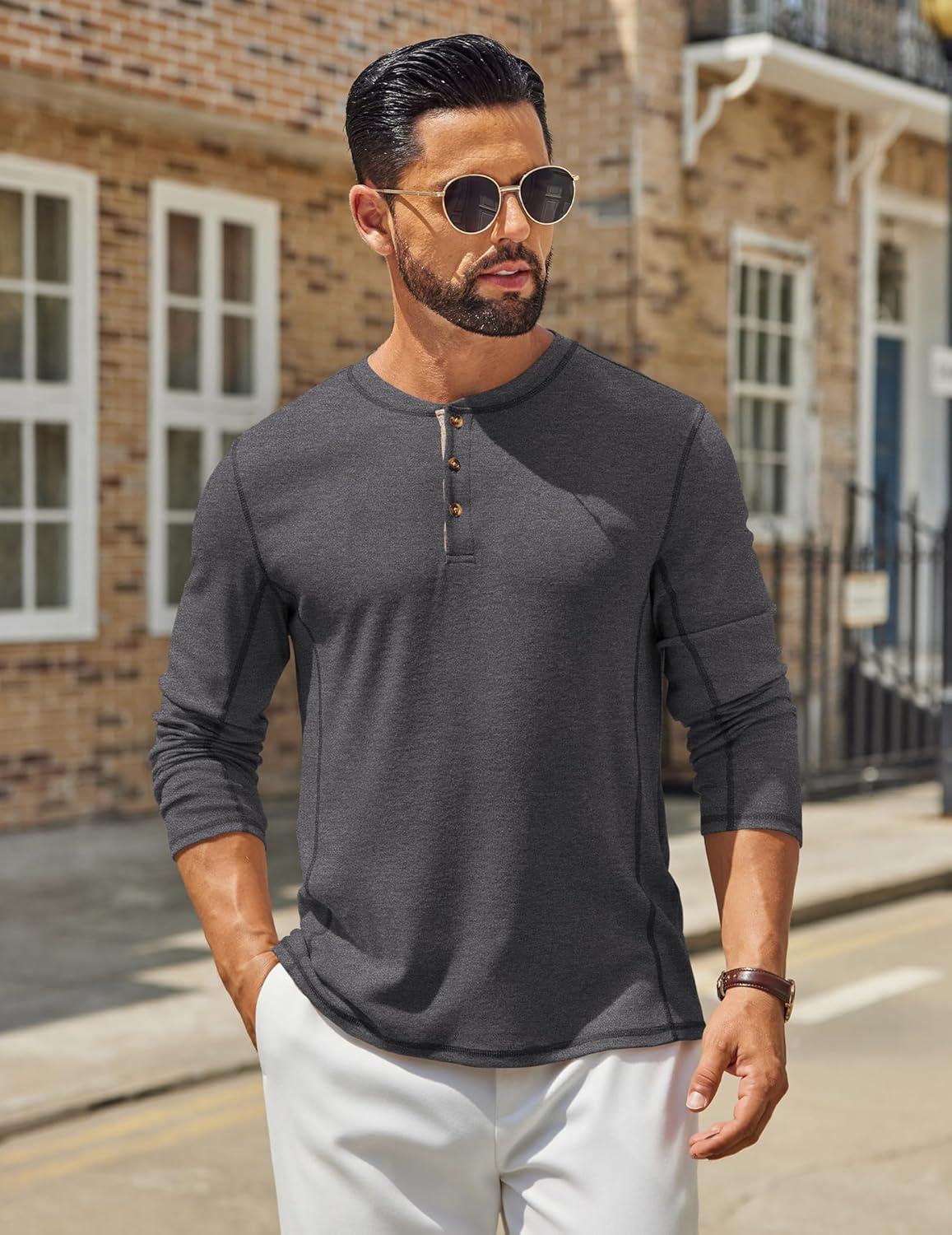 imageCOOFANDY Mens Henley Shirts Long Sleeve Casual Maverick Slub Henley TShirts Lightweight Basic TeeDark Gray