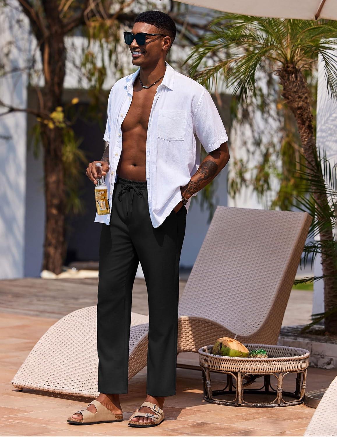 imageCOOFANDY Mens Linen Casual Pants Lightweight Drawstring Beach Pants Elastic Waist Cropped PantsBlack