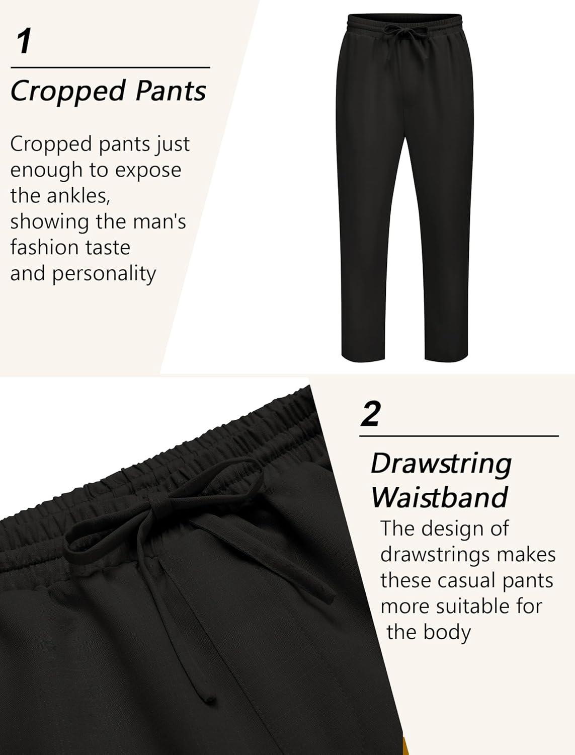 imageCOOFANDY Mens Linen Casual Pants Lightweight Drawstring Beach Pants Elastic Waist Cropped PantsBlack