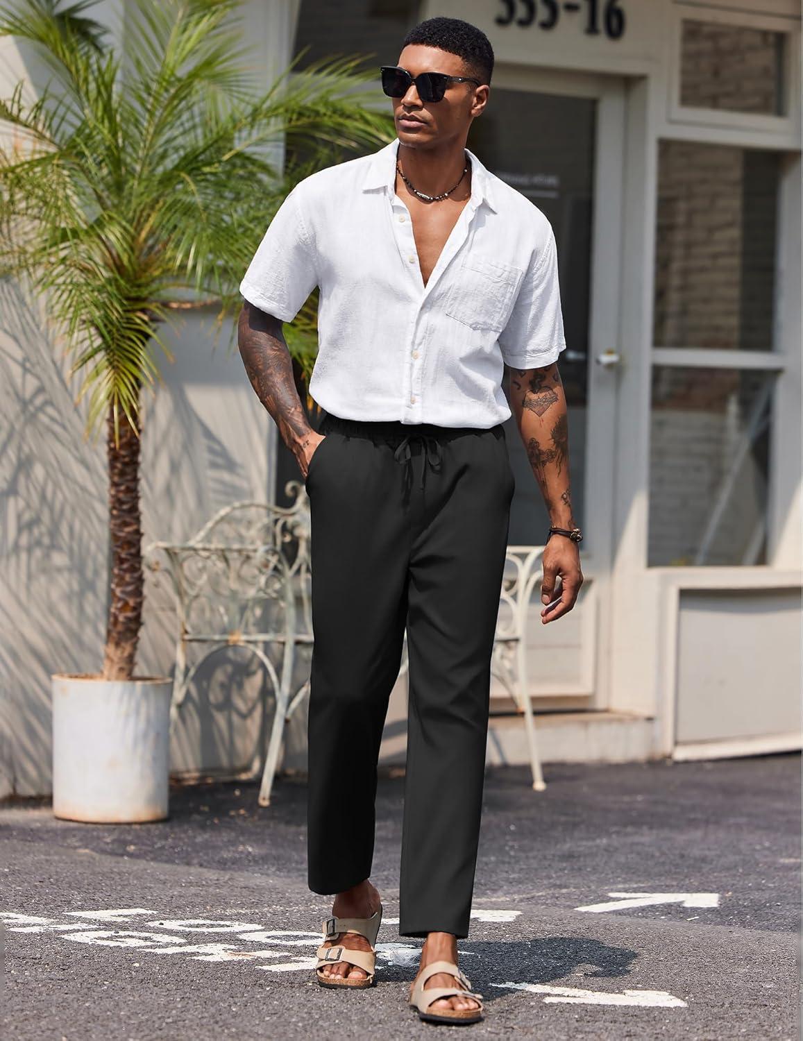 imageCOOFANDY Mens Linen Casual Pants Lightweight Drawstring Beach Pants Elastic Waist Cropped PantsBlack