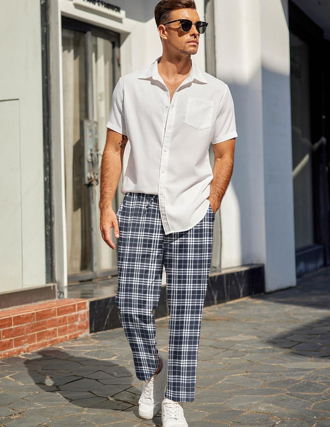 imageCOOFANDY Mens Linen Casual Pants Lightweight Drawstring Beach Pants Elastic Waist Cropped PantsBlack Plaid