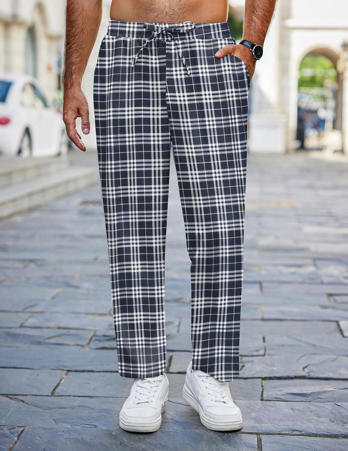 imageCOOFANDY Mens Linen Casual Pants Lightweight Drawstring Beach Pants Elastic Waist Cropped PantsBlack Plaid