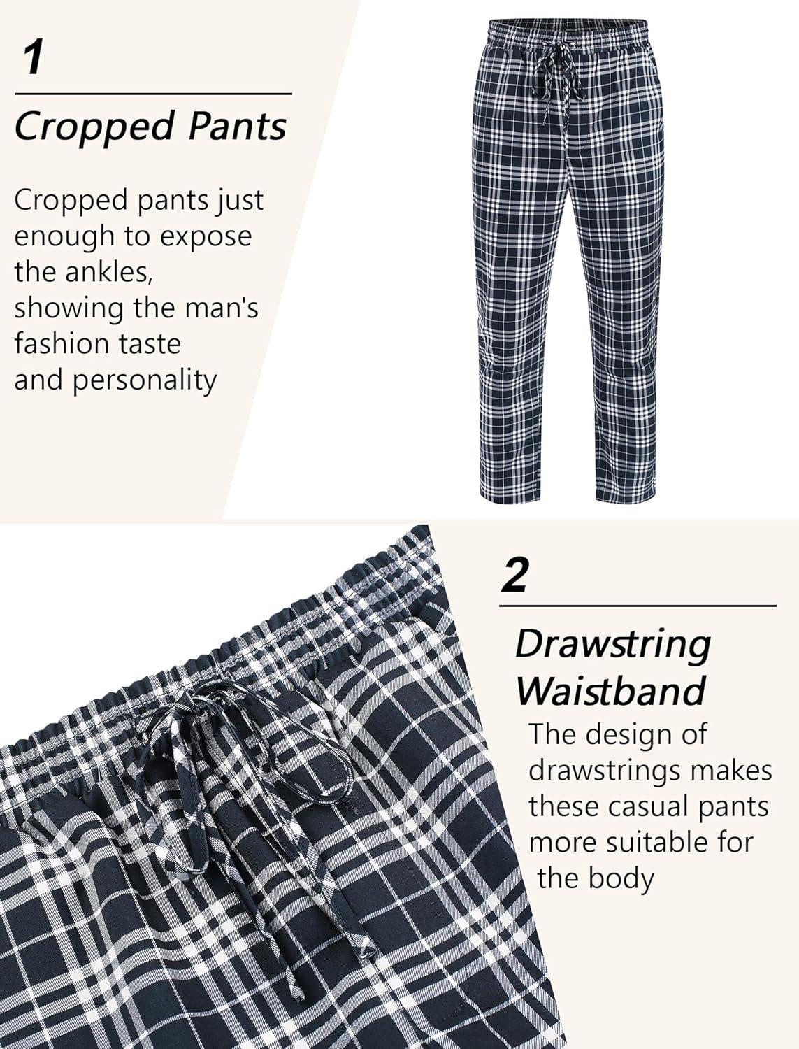 imageCOOFANDY Mens Linen Casual Pants Lightweight Drawstring Beach Pants Elastic Waist Cropped PantsBlack Plaid