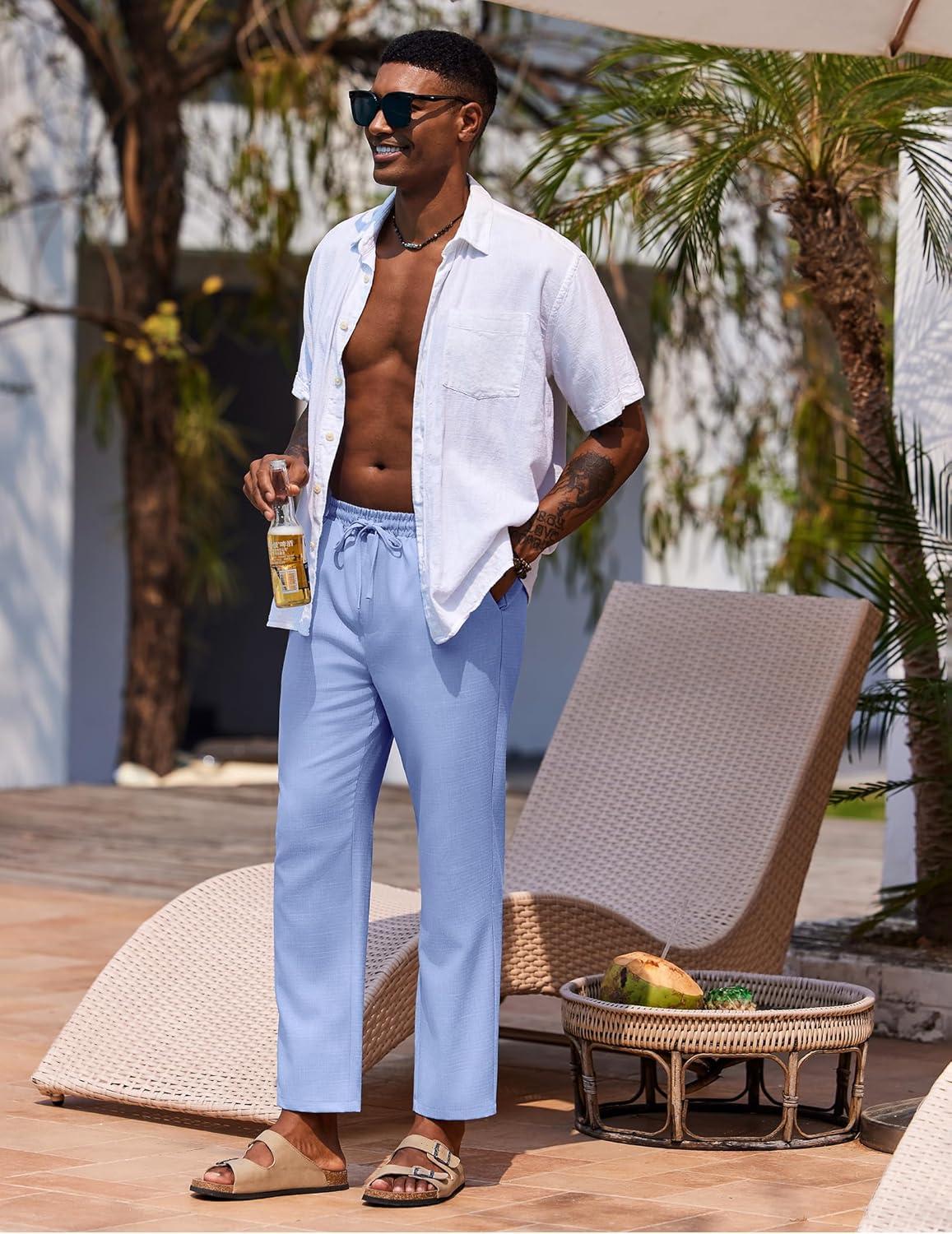 imageCOOFANDY Mens Linen Casual Pants Lightweight Drawstring Beach Pants Elastic Waist Cropped PantsBlue