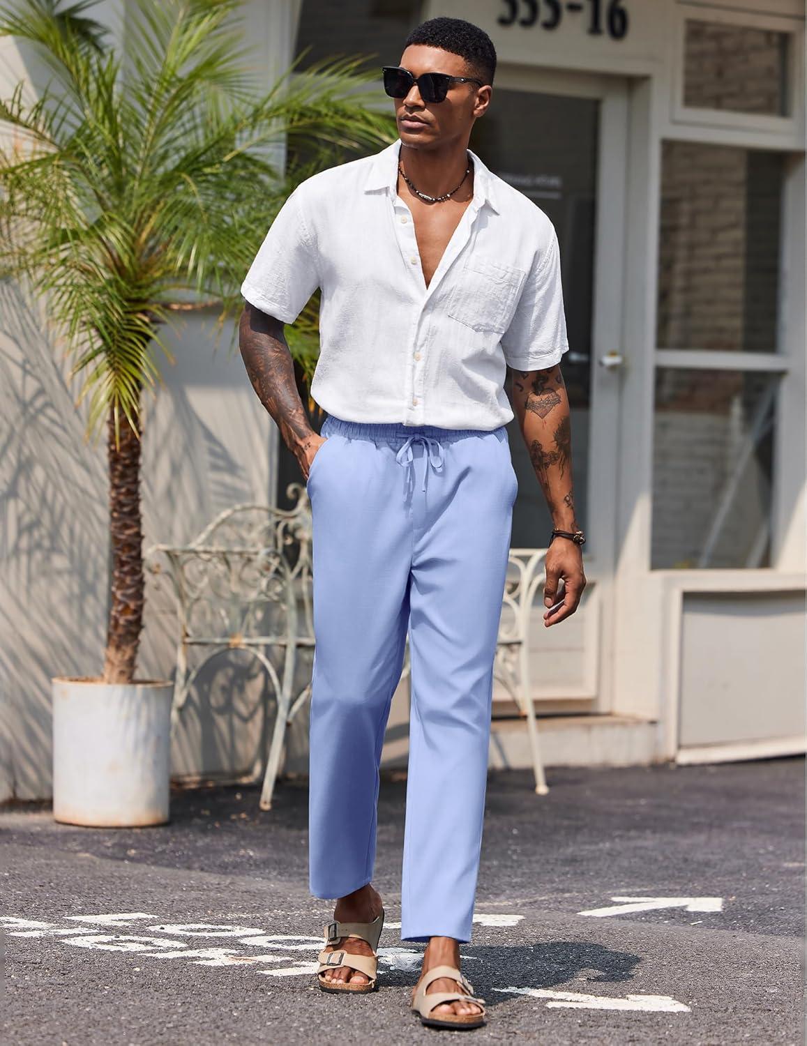 imageCOOFANDY Mens Linen Casual Pants Lightweight Drawstring Beach Pants Elastic Waist Cropped PantsBlue