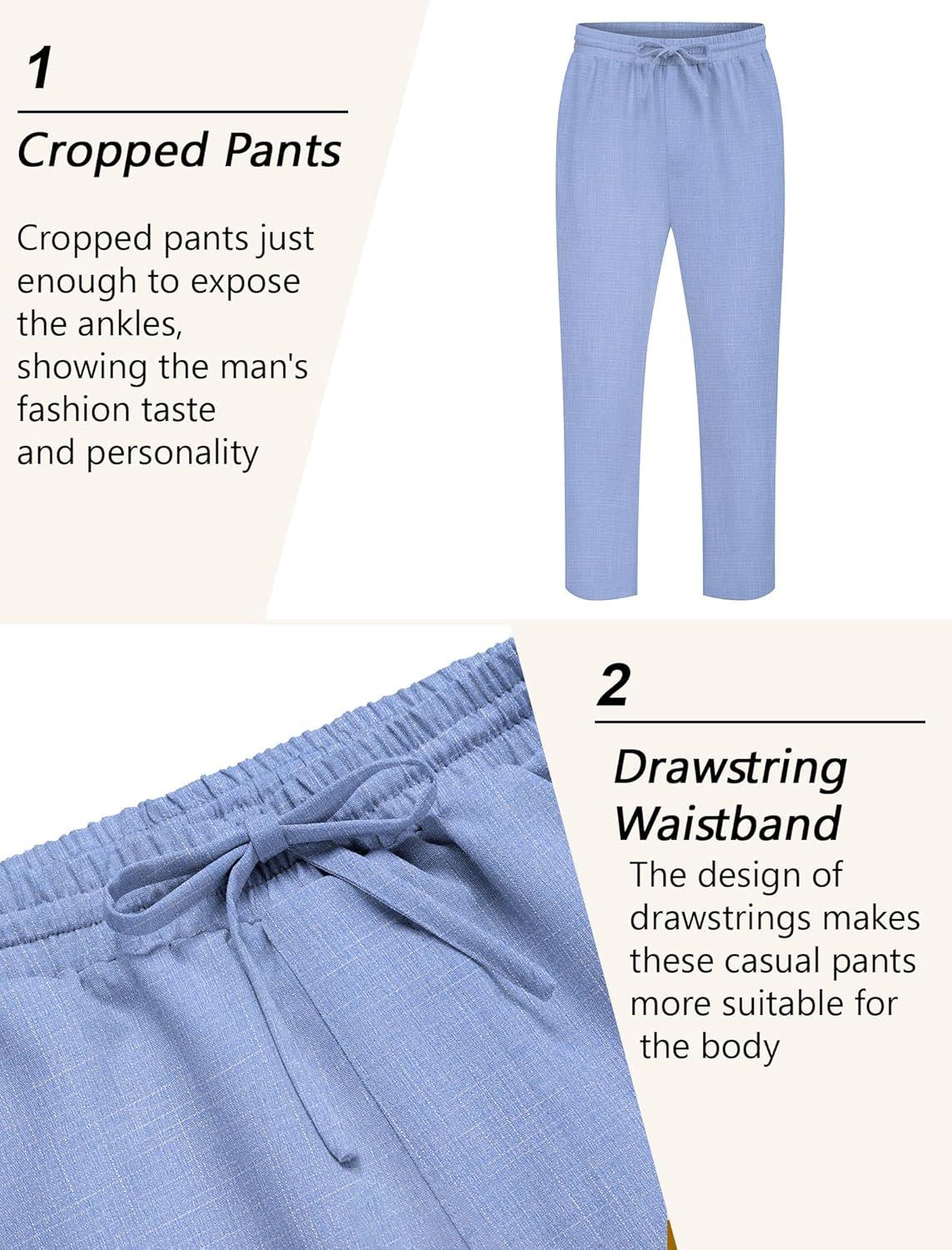 imageCOOFANDY Mens Linen Casual Pants Lightweight Drawstring Beach Pants Elastic Waist Cropped PantsBlue