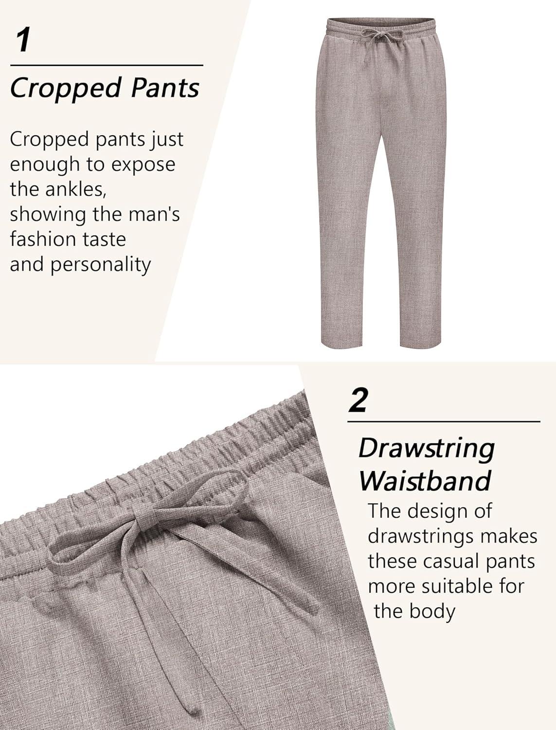 imageCOOFANDY Mens Linen Casual Pants Lightweight Drawstring Beach Pants Elastic Waist Cropped PantsChampagne