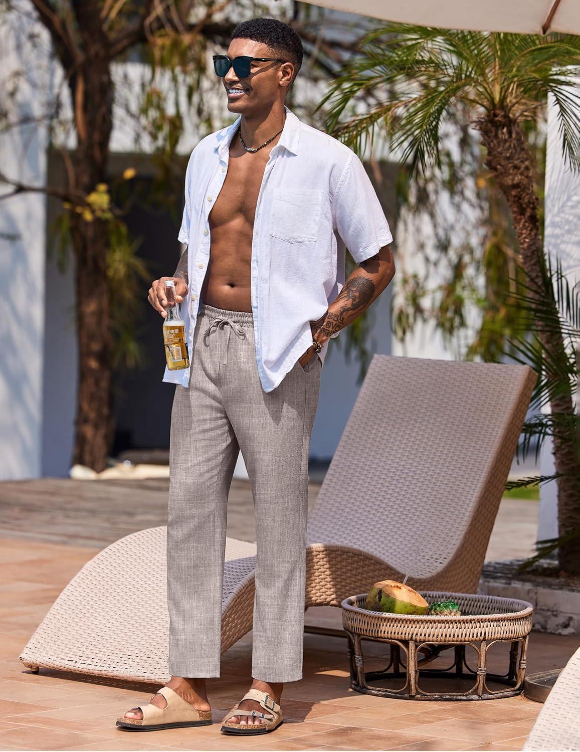 imageCOOFANDY Mens Linen Casual Pants Lightweight Drawstring Beach Pants Elastic Waist Cropped PantsChampagne