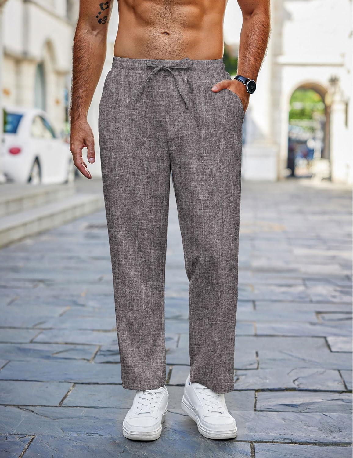 imageCOOFANDY Mens Linen Casual Pants Lightweight Drawstring Beach Pants Elastic Waist Cropped PantsDark Grey