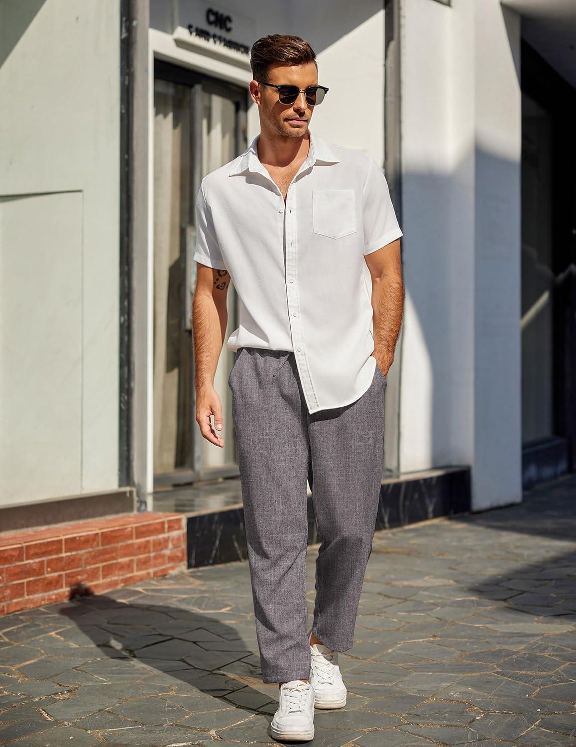 imageCOOFANDY Mens Linen Casual Pants Lightweight Drawstring Beach Pants Elastic Waist Cropped PantsDark Grey