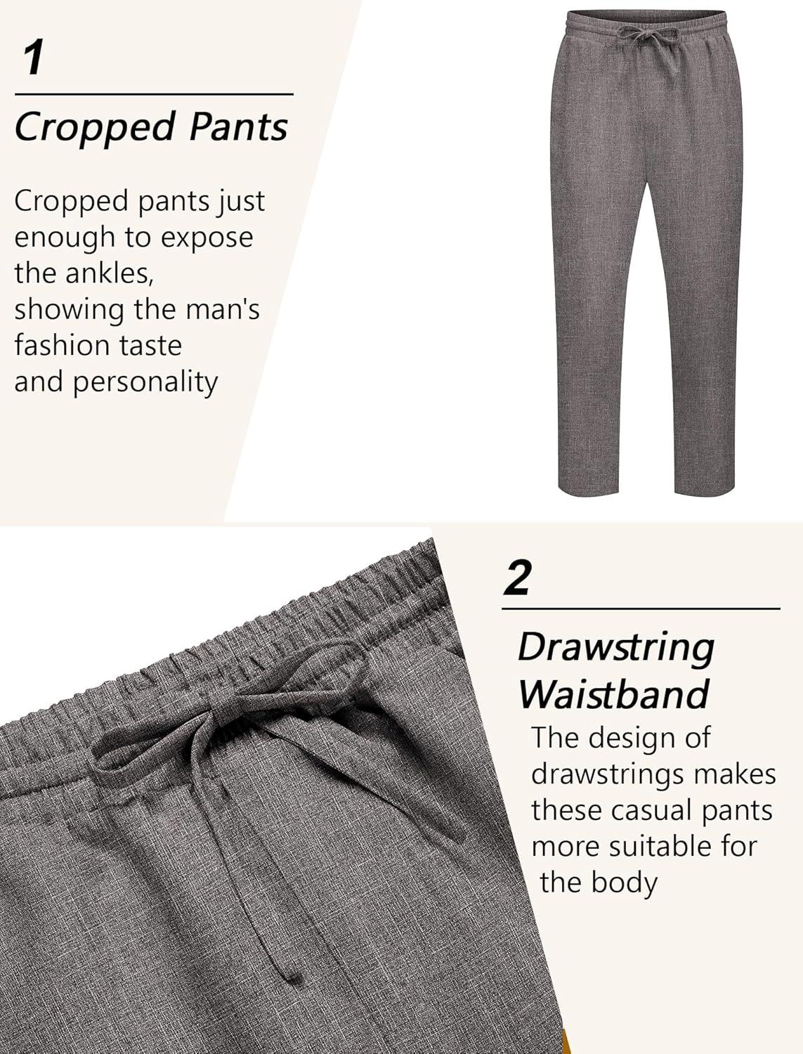imageCOOFANDY Mens Linen Casual Pants Lightweight Drawstring Beach Pants Elastic Waist Cropped PantsDark Grey